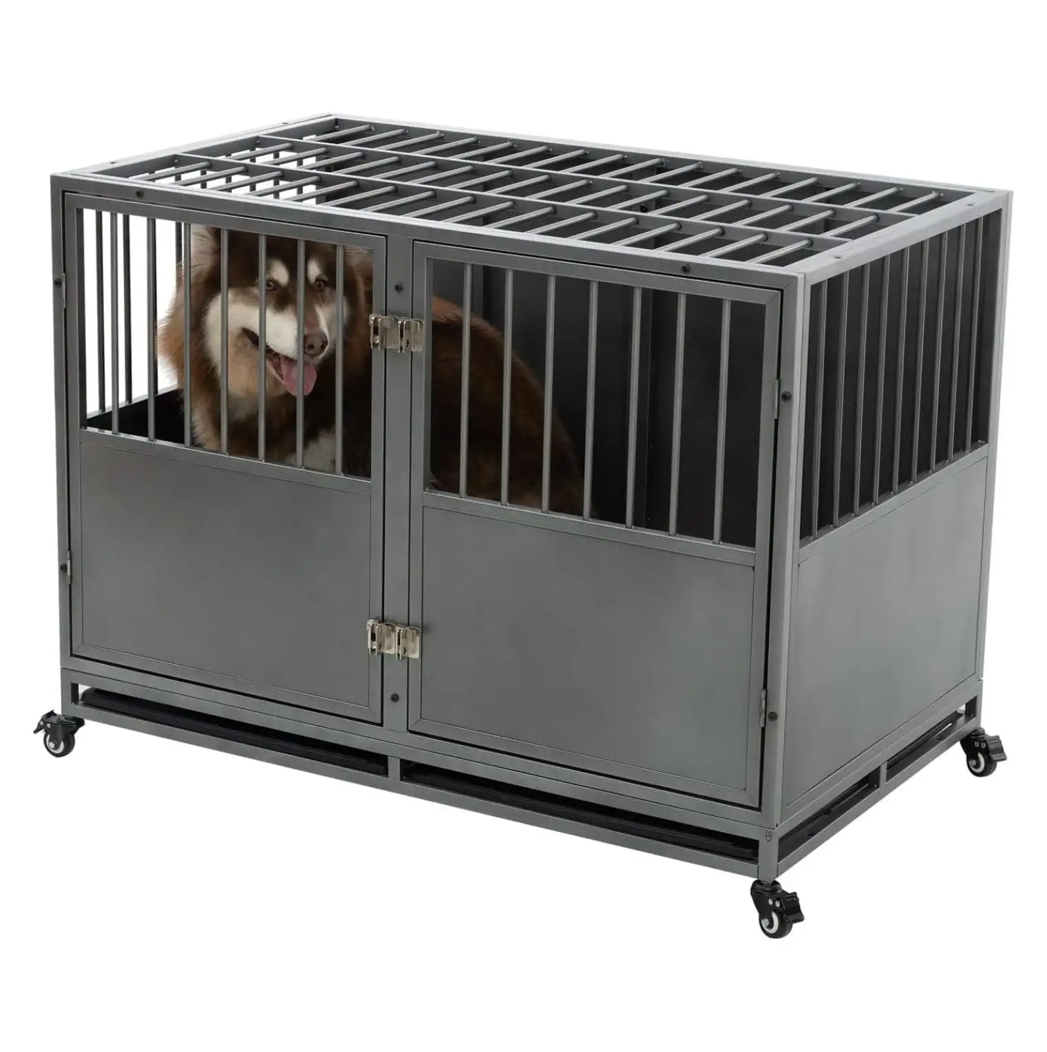 Stackable Heavy Duty Dog Crate Dog Cage. Indestructible Metal Dog Kennel Lockable for Medium Large Dogs with Sturdy Door Lock and Removable Trays. 47 Inch