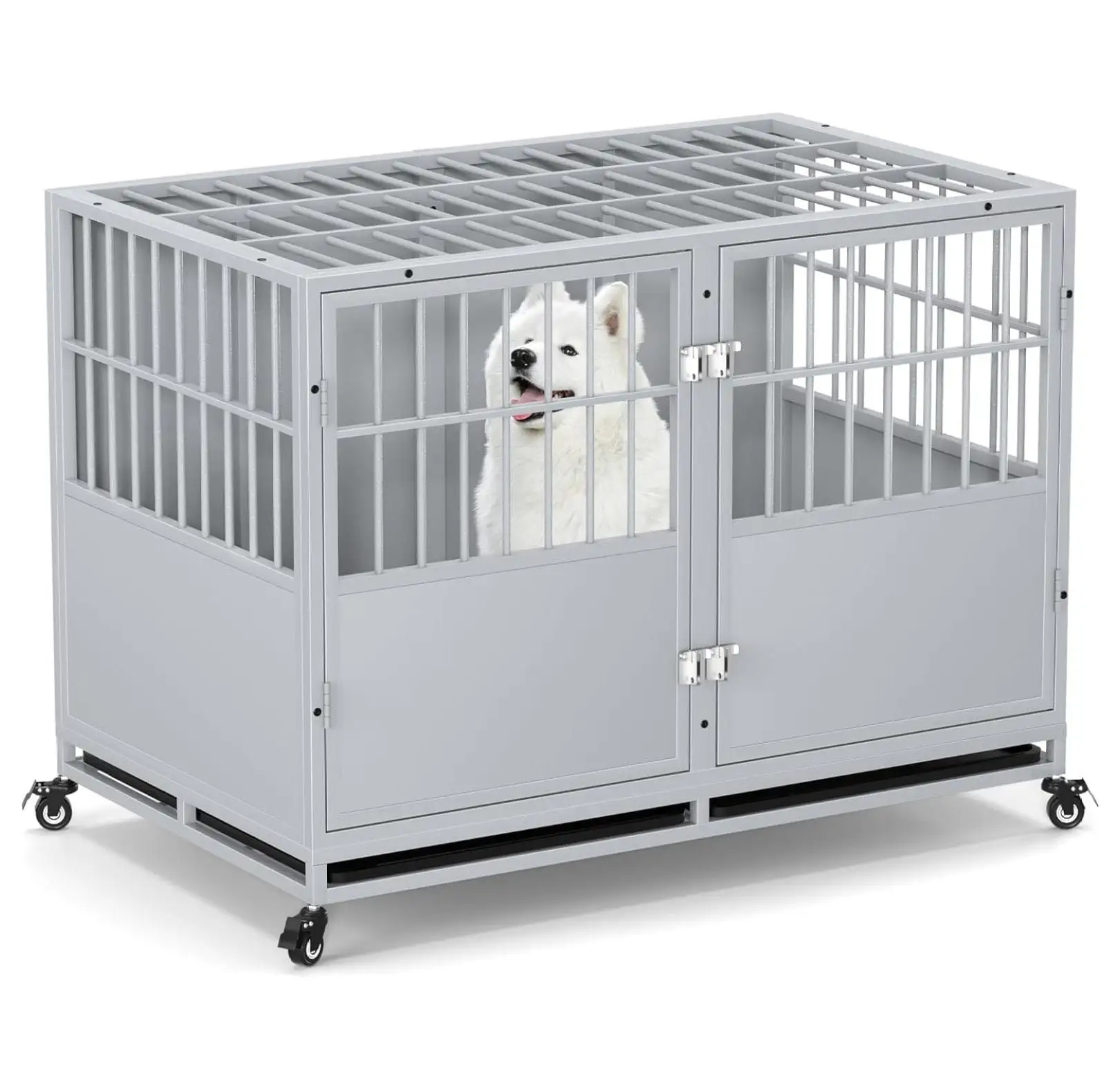 Stackable Inch Heavy Duty Dog Crate. Compatible with Optional Divider. Metal Indestructible High Anxiety Kennel for Two Small or One Large Dogs. Chew Proof Pet Cage