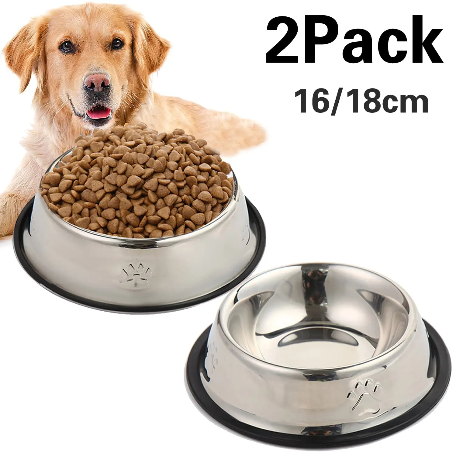 Stainless Steel Dog Bowl with Rubber Base for Food and Water. Pet Food Container. Dog Bowls Choice for Small/Medium/Large Dogs or Cats (2 Pack.16 cm)