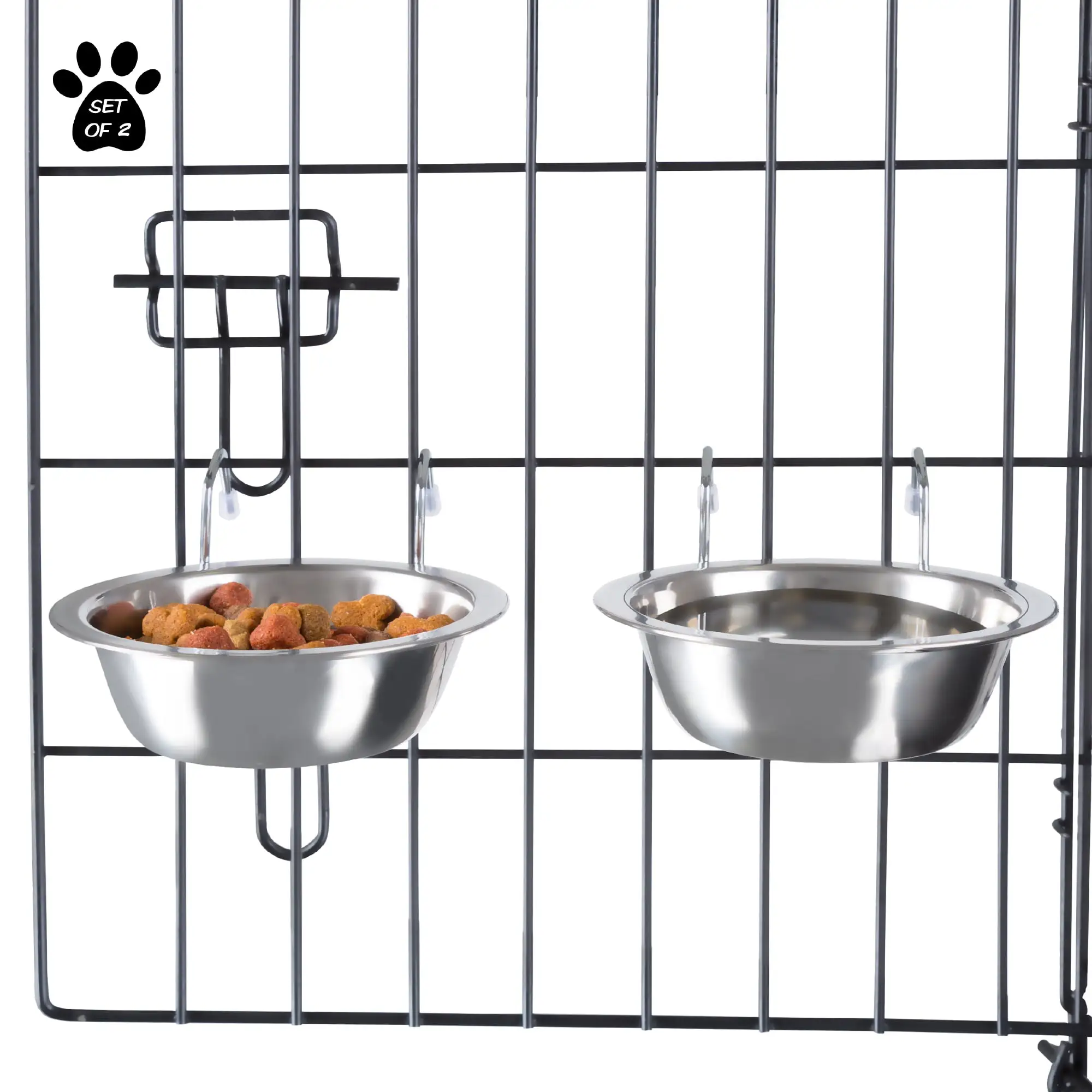 Stainless Steel Hanging Pet Bowls for Dogs and Cats- Cage. Kennel. and Crate Feeder Dish for Food and Water- Set of 2. 8 oz Each By PETMAKER