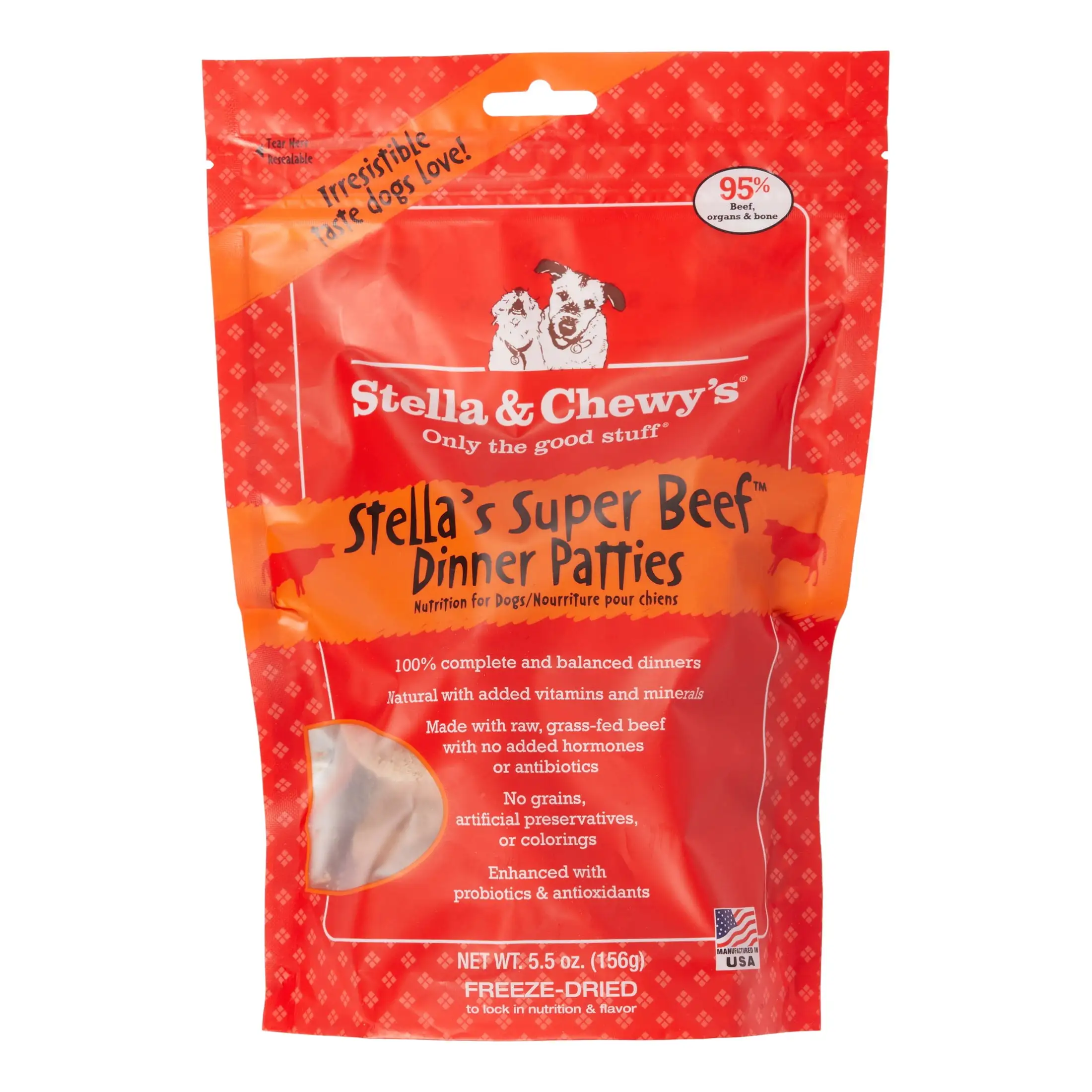 Stella & Chewy's Freeze-Dried Raw Stella's Super Beef Dinner Patties Grain-Free Dog Food. 5.5 oz. bag