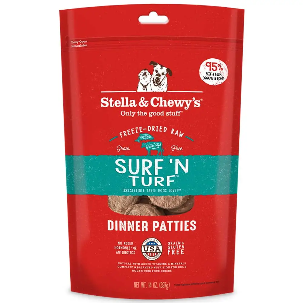 Stella & Chewy's Surf 'N Turf Beef & Salmon Dinner Patties Grain-Free Freeze-Dried Raw Dry Dog Food. 15 oz.