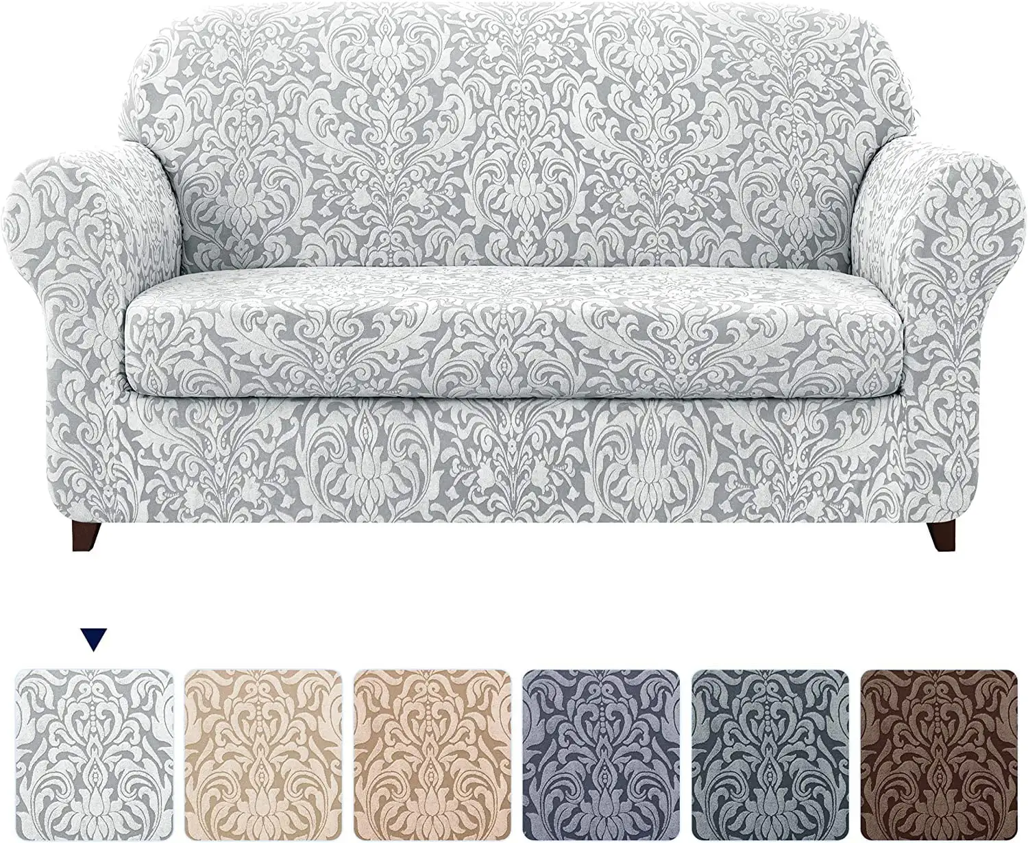 Subrtex Sofa Slipcover 2-Piece Jacquard Damask Couch Cover with Seat Cushion Stretch Furniture Protector for Armchair in Living Room for Kids. Pets (Large.Light Smoky Gray)