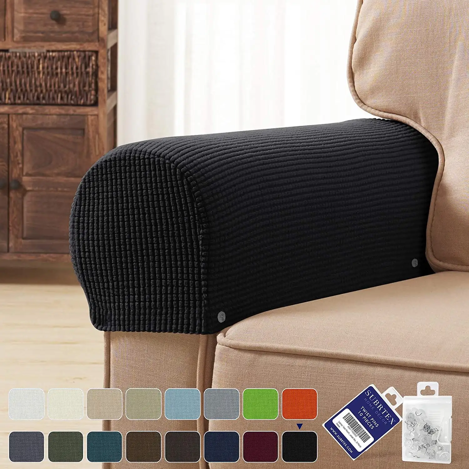 Subtrex Stretch Textured Grid Washable Sofa Armrest Slipcover (Set of 2. Black)