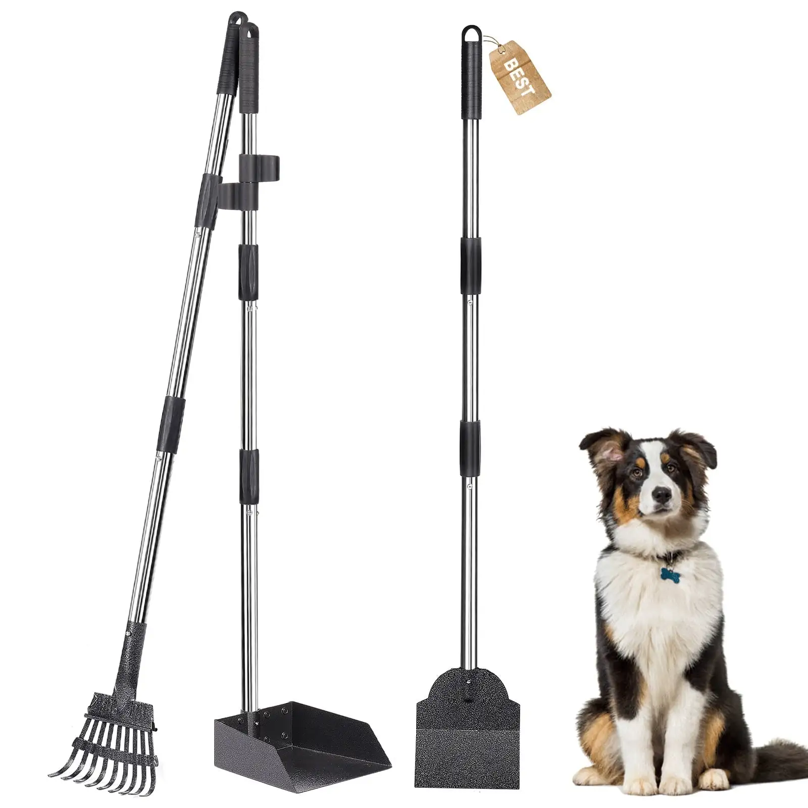 Suchown Dog Pooper Scooper for Large Medium Small Dogs. 38'' Handle Metal Pooper Scooper with Metal Rake. Tray and Spade for Pet Waste. Black