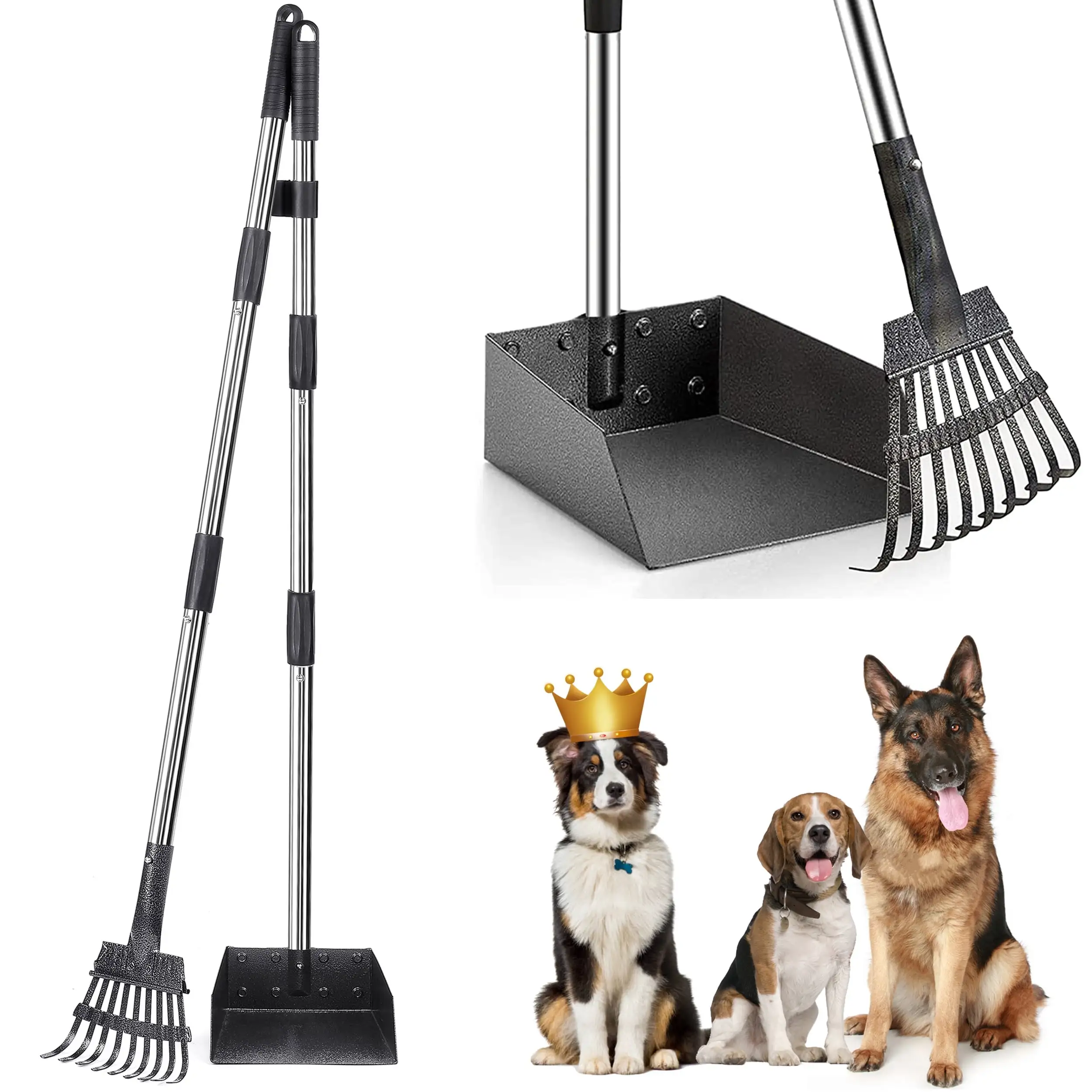 Suchown Dog Pooper Scooper for Large Medium Small Dogs. 38'' Long Handle Poop Scooper Black Metal Rake Tray for Lawn. Grass. Dirt. Gravel