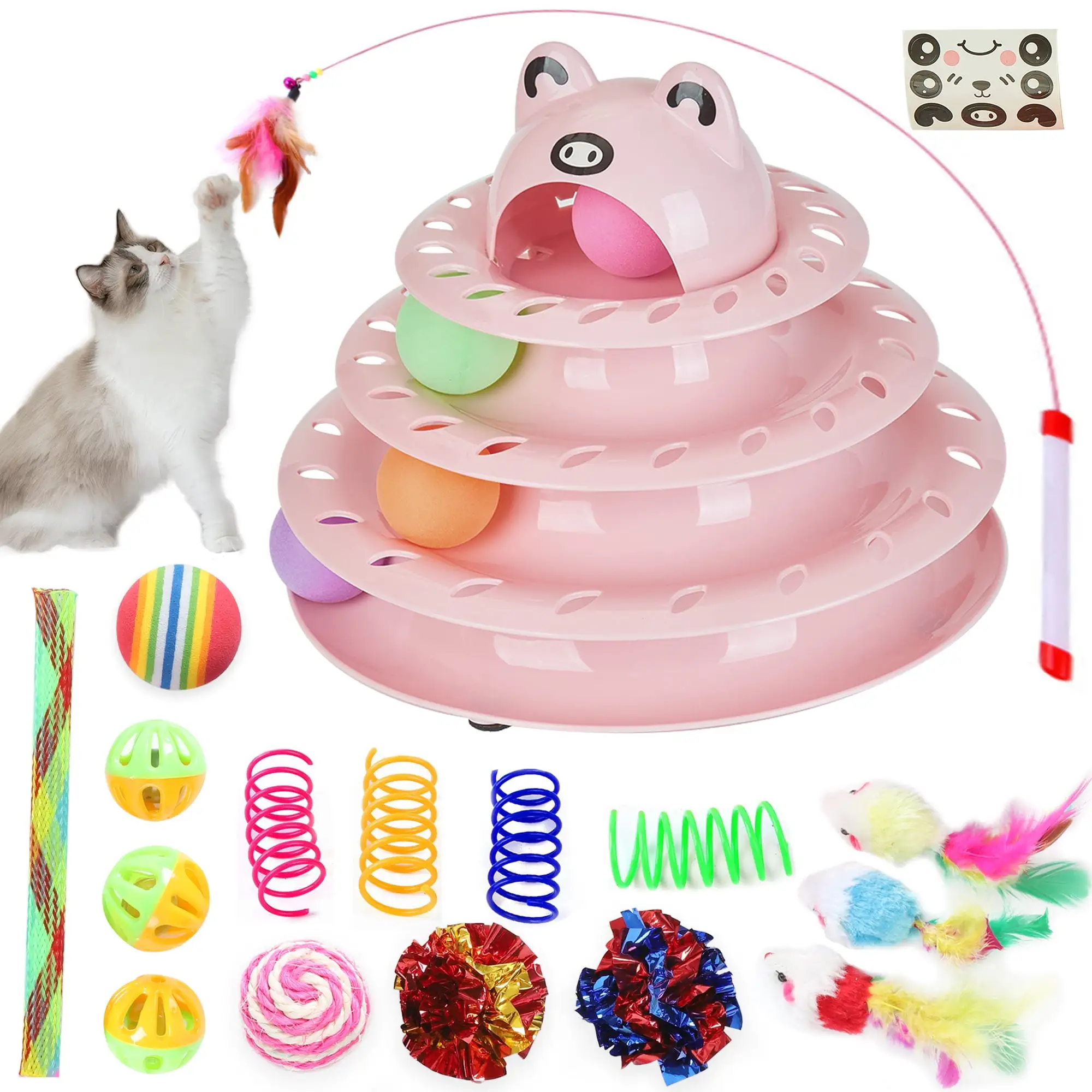 Suhaco Cat Toys Interactive Cat Ball Roller Toy Exercise Pet 4 Level Tower Toy Tease Kitty Funny Play 17 Pack Toy Set with 3 Stickers Kitty Toys for Kittens Puzzle Toys for Boredom Indoor CatsPink