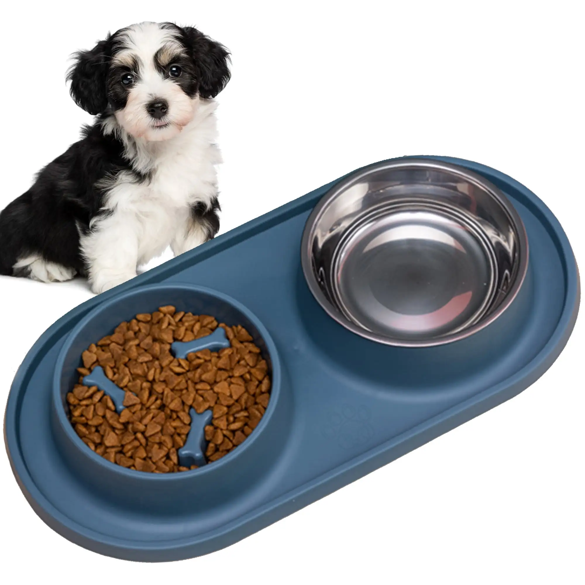 Suhaco Double Pet Bowls Slow Feeder Dog Bowl Anti-Choking No Spill Removable Stainless Steel Puppy Food and Water Slow Eating Bowls for Cats and Small to Medium Dogs (Blue)