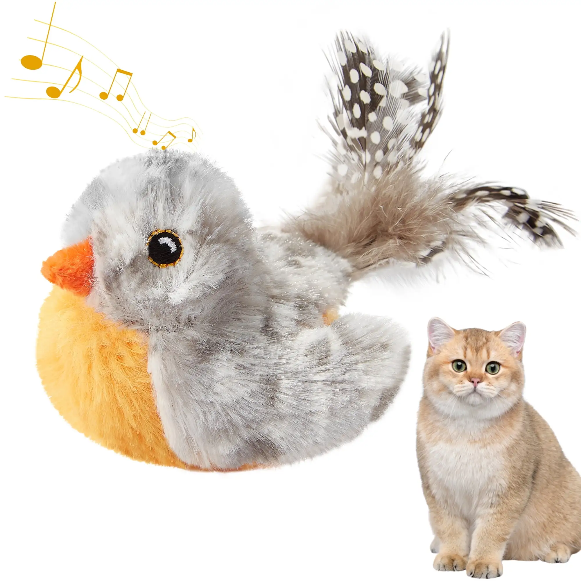 Suhaco Interactive Cat Toys Grey Bird Cat Toy Sound Automatic Melody Chaser Kitten Feather Toy Relieve Boredom Chirping Bird for Indoor Cats