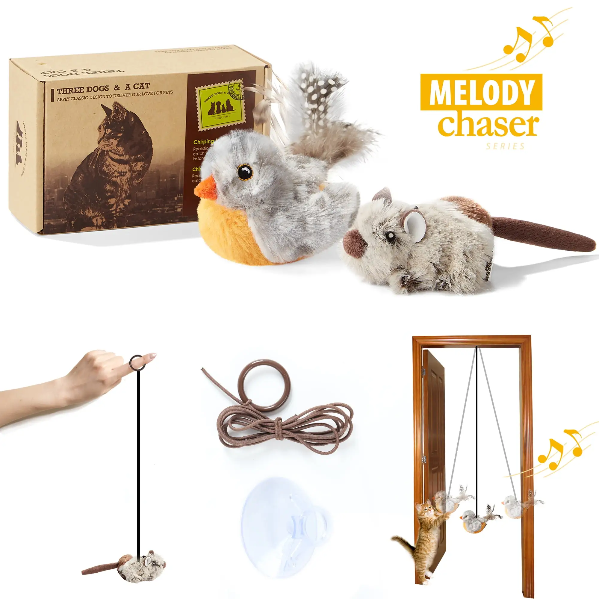 Suhaco Interactive Cat Toys Sound Melody Chaser Kitten Feather Toy Relieve Boredom Chirping Bird and Squeaking Mouse Two Piece Set Play for Indoor Cats (Gray)