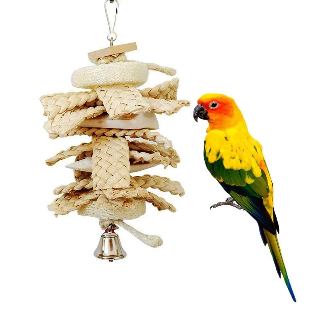 Sunjoy Tech Bird Parrot Toy. Parrot Toy Natural Wood Loofah Bird Chewing Toy Parrot Cage Bite Toy for Parakeet Cockatoos Budgies Cockatiel Large Medium Parrot Birds