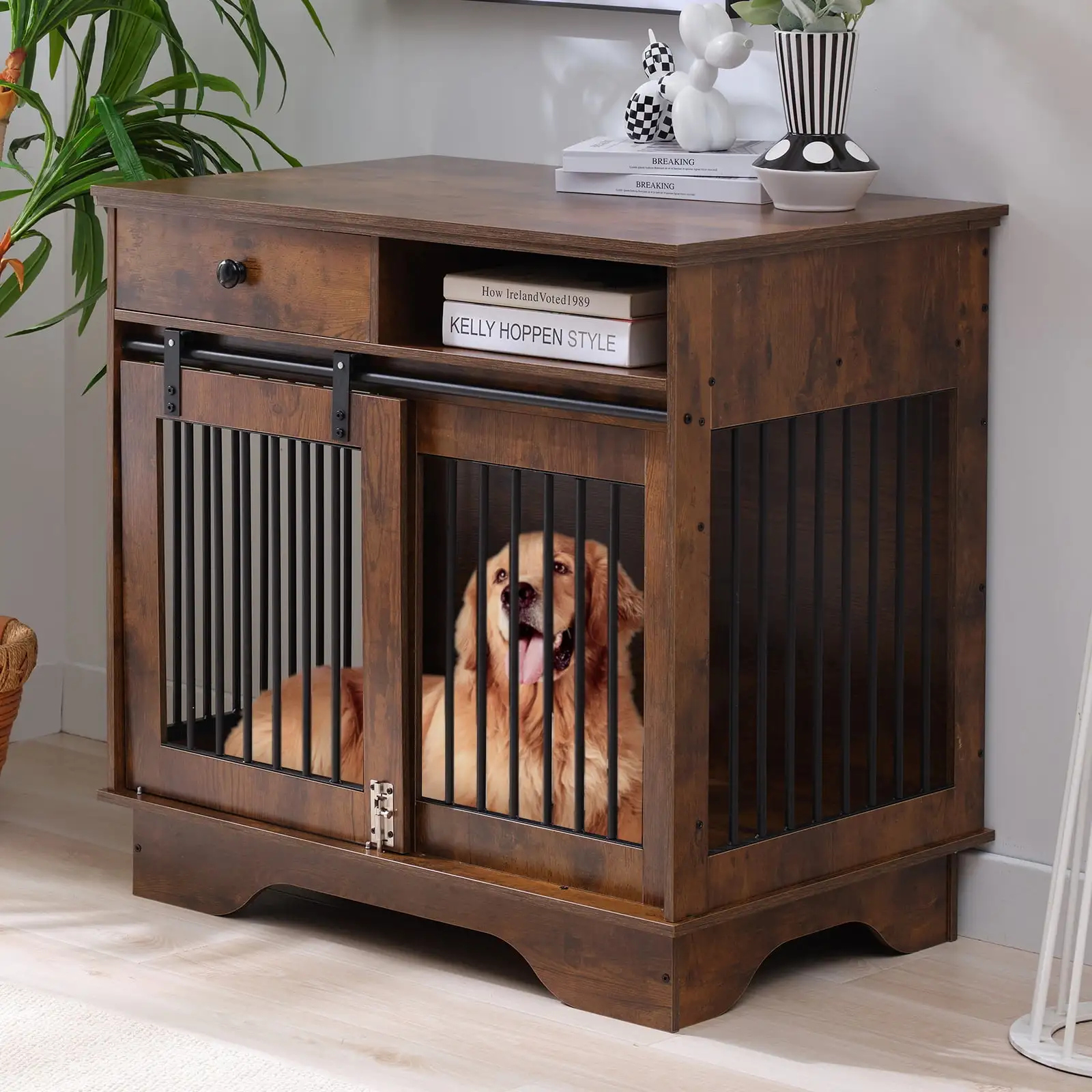 TABU 35 Dog Crate Furniture with Storage Drawers.Indoor Dog Kennel with Sliding Doors.Brown