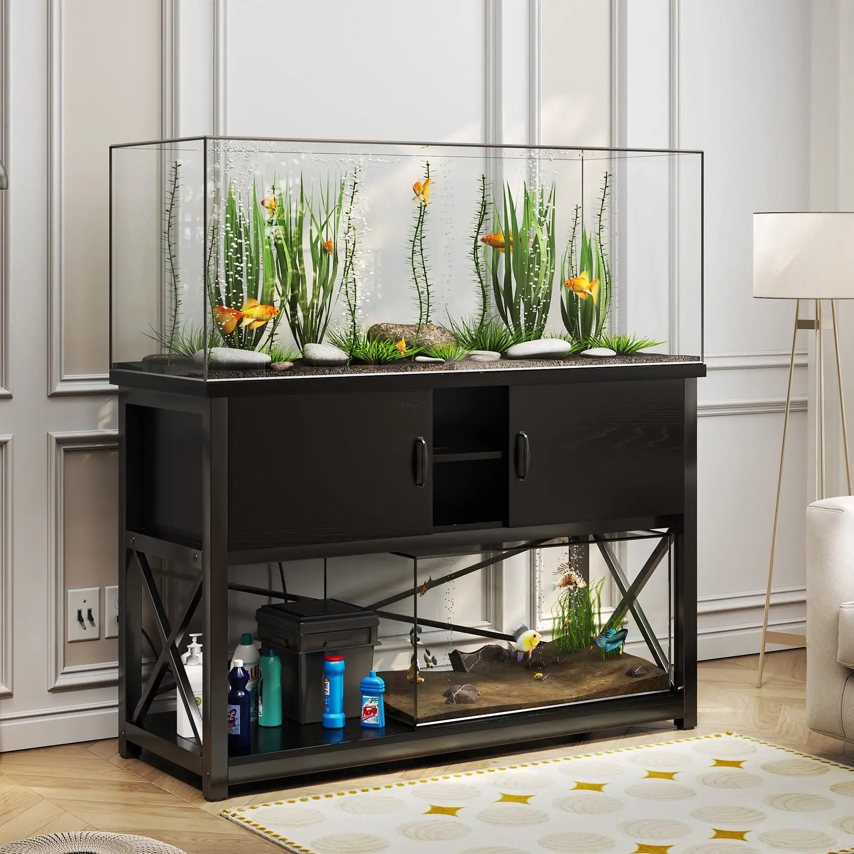 TC-HOMENY 55-75 Gallon Aquarium/Fish Tank Stand 2 layers with Cabinet and Charging Station/Power Outlets. Black