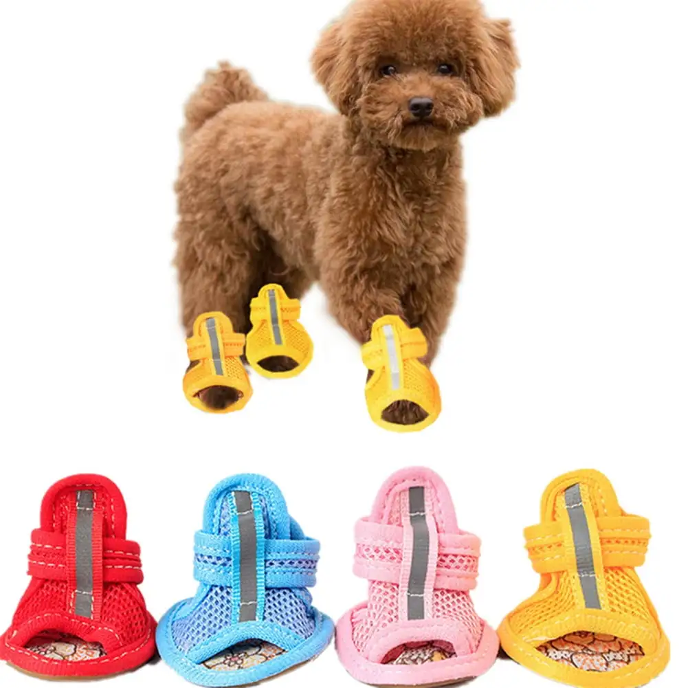 TELOLY Besufy Pet Sandals 4 Pcs Rubber Sole Mesh Cotton Breathable Anti-Skid Shoes Dog Puppy Sandals