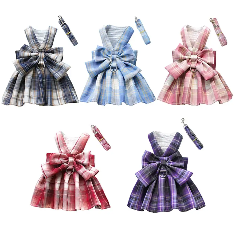 TELOLY Cat Dog Dress Harness with Leash Set.Elegant Pet Bowknot Skirt Vest.Breathable Plaid Dog Outifit.for Small Medium Dogs Cats Chihuahua Yorkie Teddy