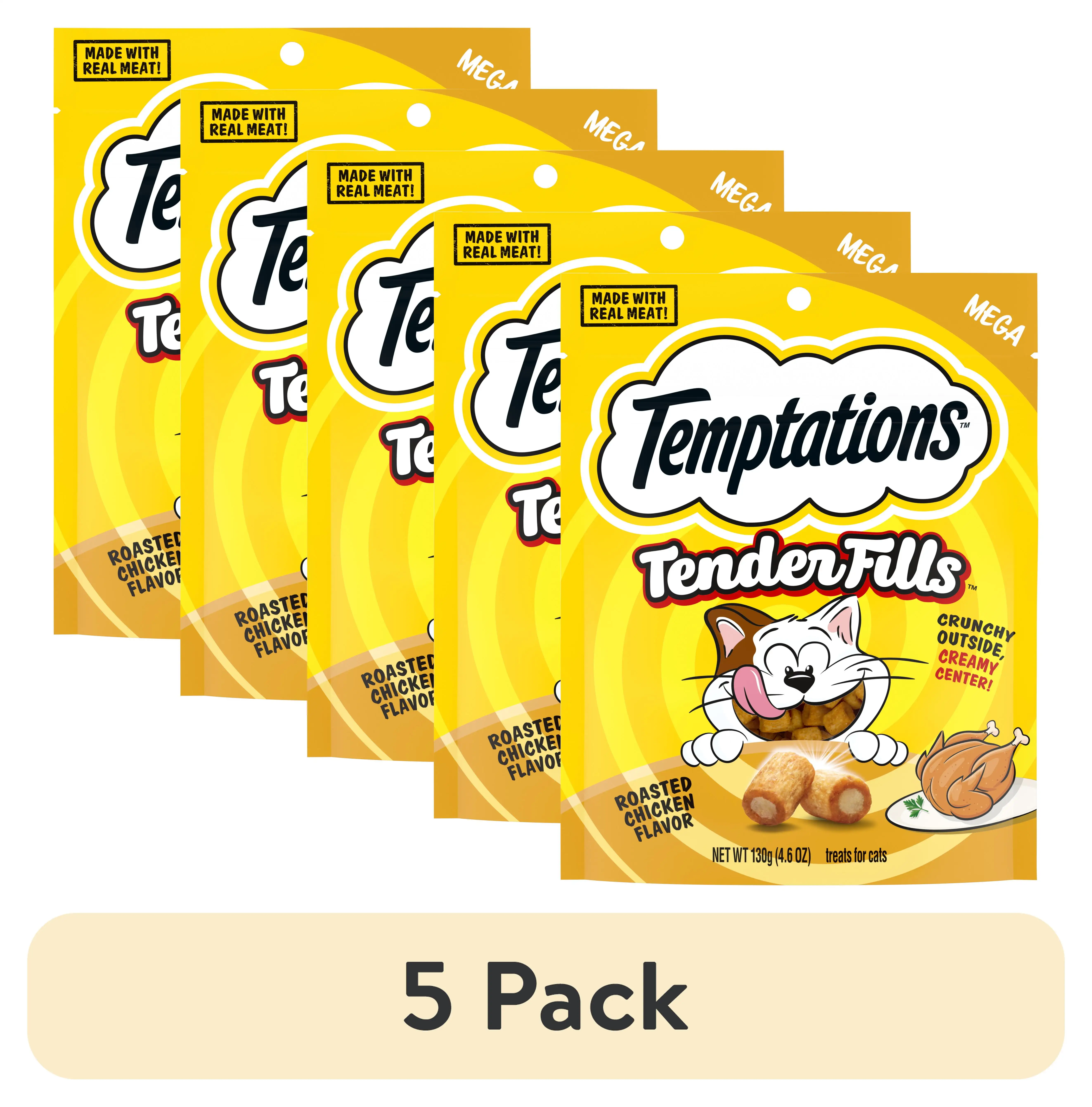 (5 pack) Temptations Tender Fills Roasted Chicken Flavor Crunchy And Soft Adult Treats For Cats. 4.6 Oz Pouch