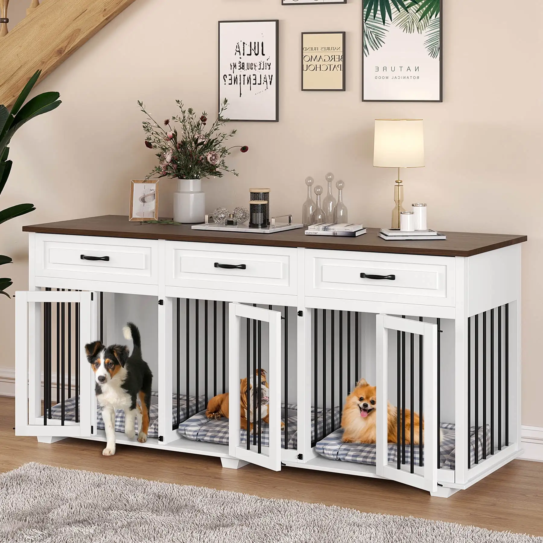 TLAEK 71 Wide Large Dog Crate Furniture with Drawers. Indoor Heavy Duty Dog Crate Kennel Furniture. White