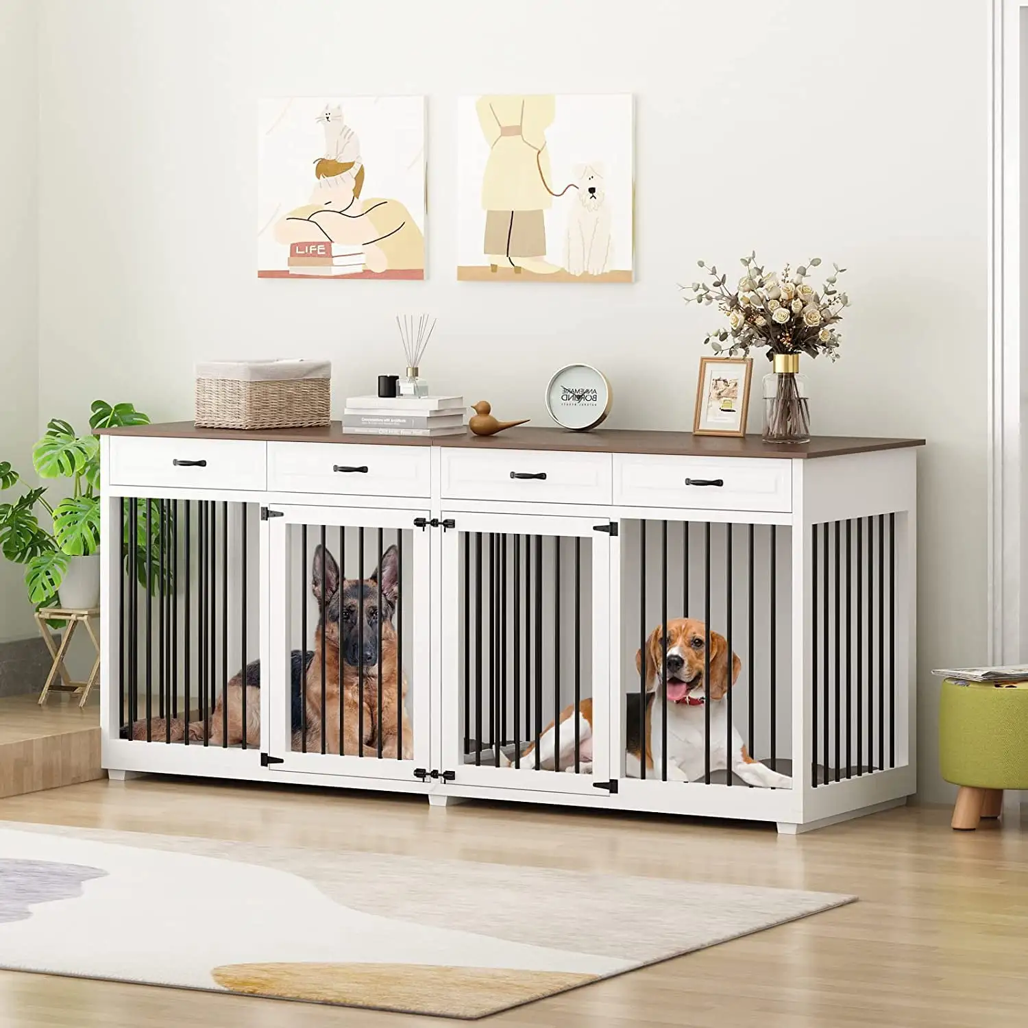 TLAEK 86.6 Dog Crate Furniture. Large Dog Kennel with Drawers & Divider. White