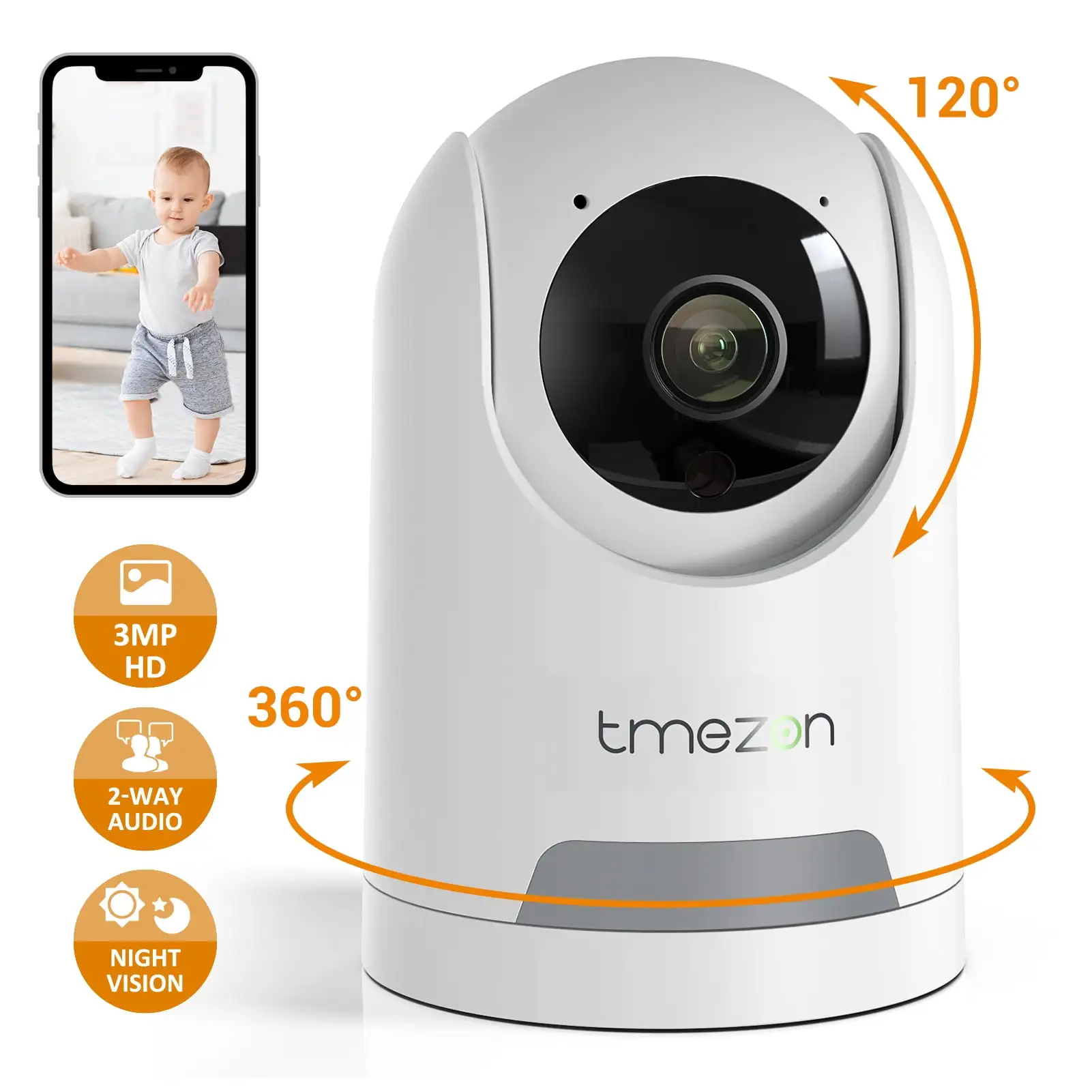 TMEZON 3MP Wireless Security Camera Indoor Home IP 2K HD 360?? Baby Camera Night Motion Detection.WiFi Cameras for Home Security for Dog/Baby Monitor/Elder