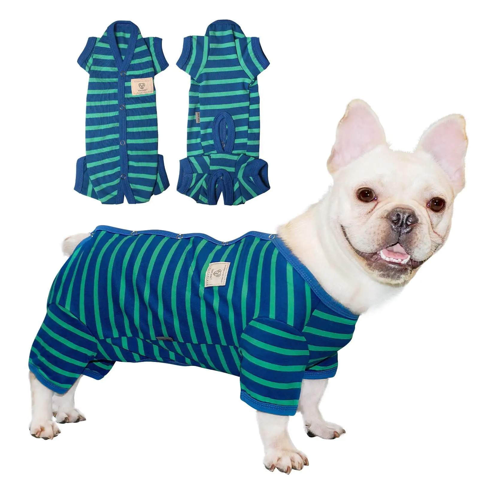 TONY HOBY Dog Clothes Dog Stripes 4 Legged Pajamas Dog pjs Jumpsuit Soft Cotton for Summer Male Blue. XS