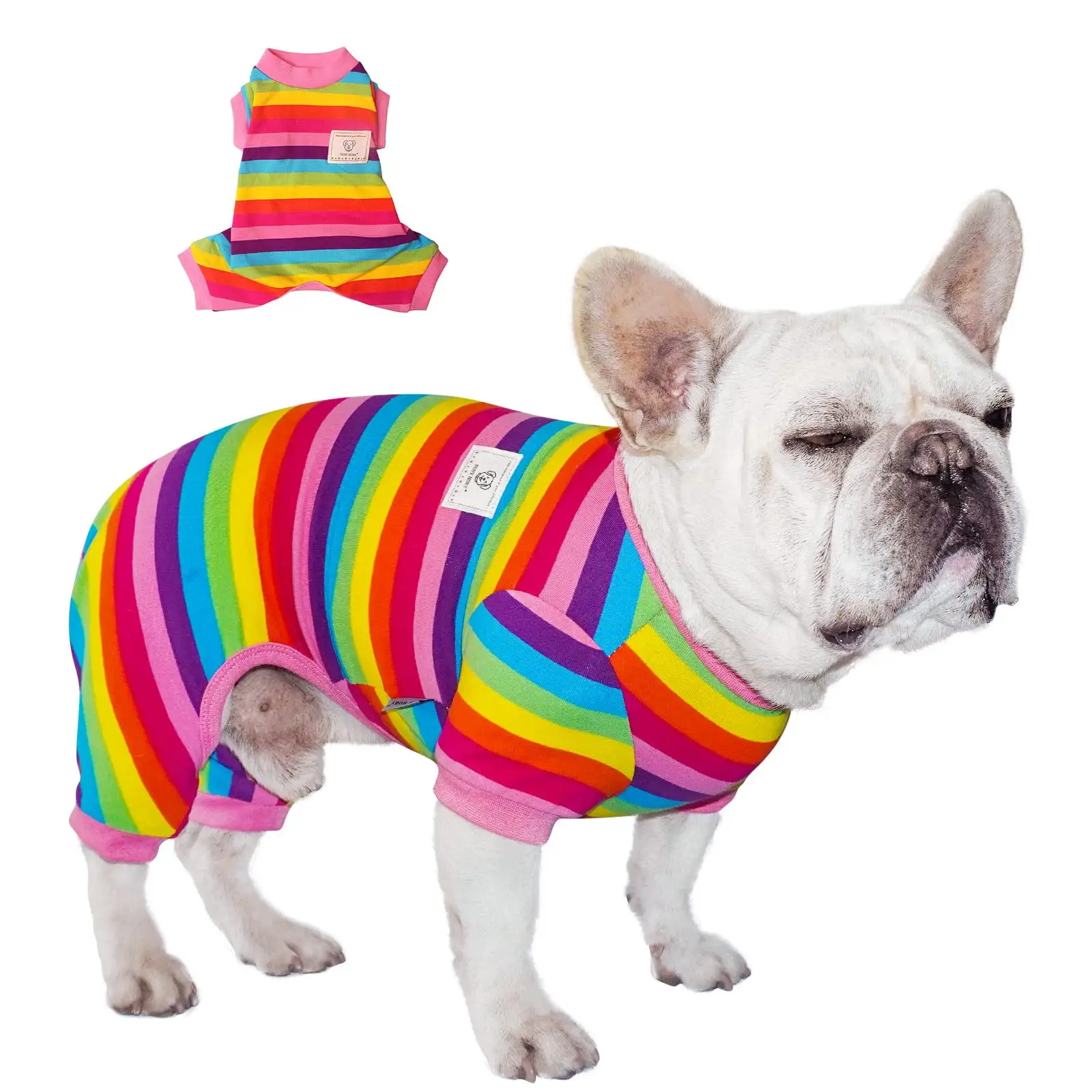 TONY HOBY Dog Pajamas with Colorful Rainbow Stripe Pet Onesies for Puppies PJS Jumpsuit Soft Lightweight Cotton Apparel. XS