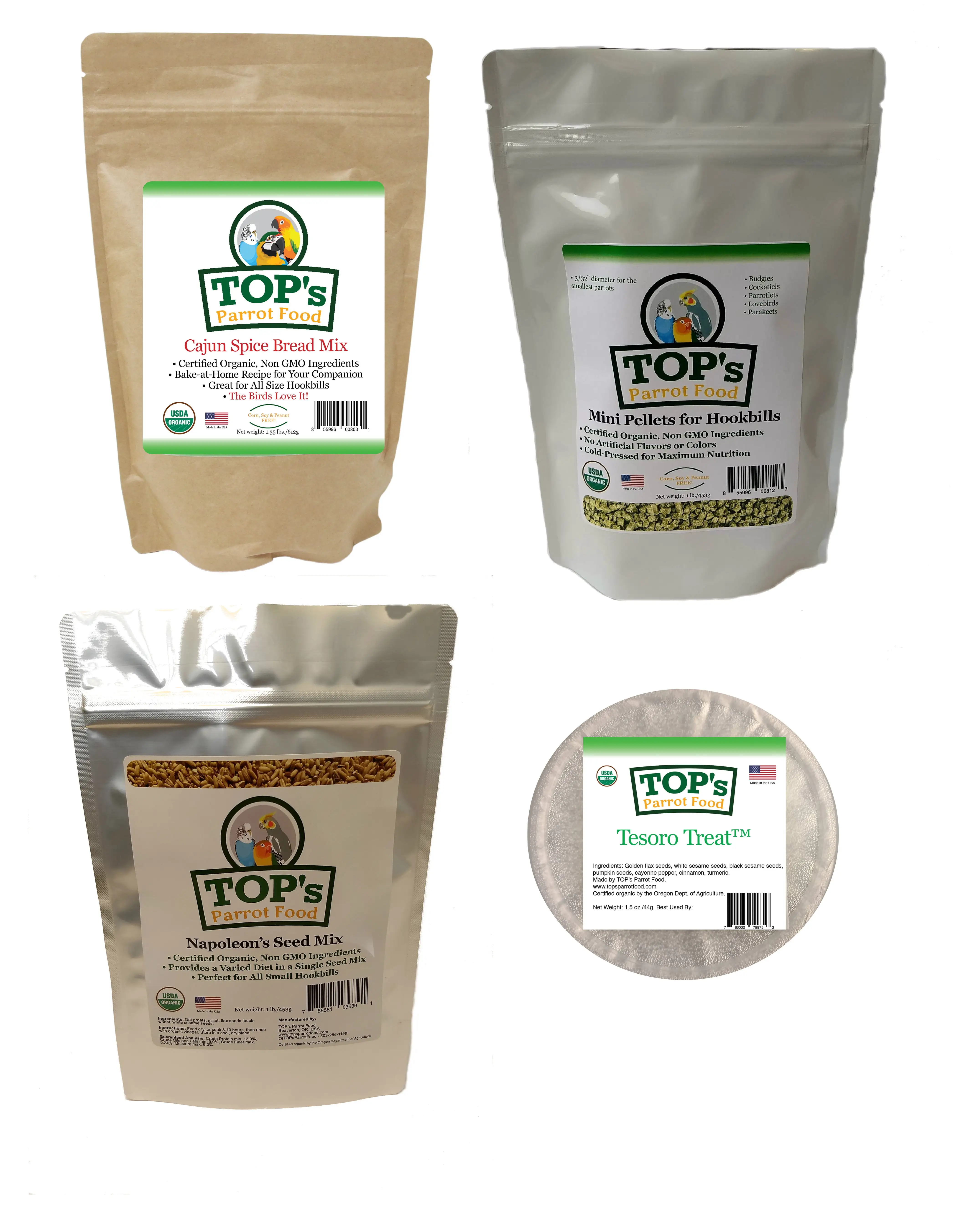 TOP's Parrot Food Mini Bird Organic Everything Bundle Box of Pellets. Seeds and Treats