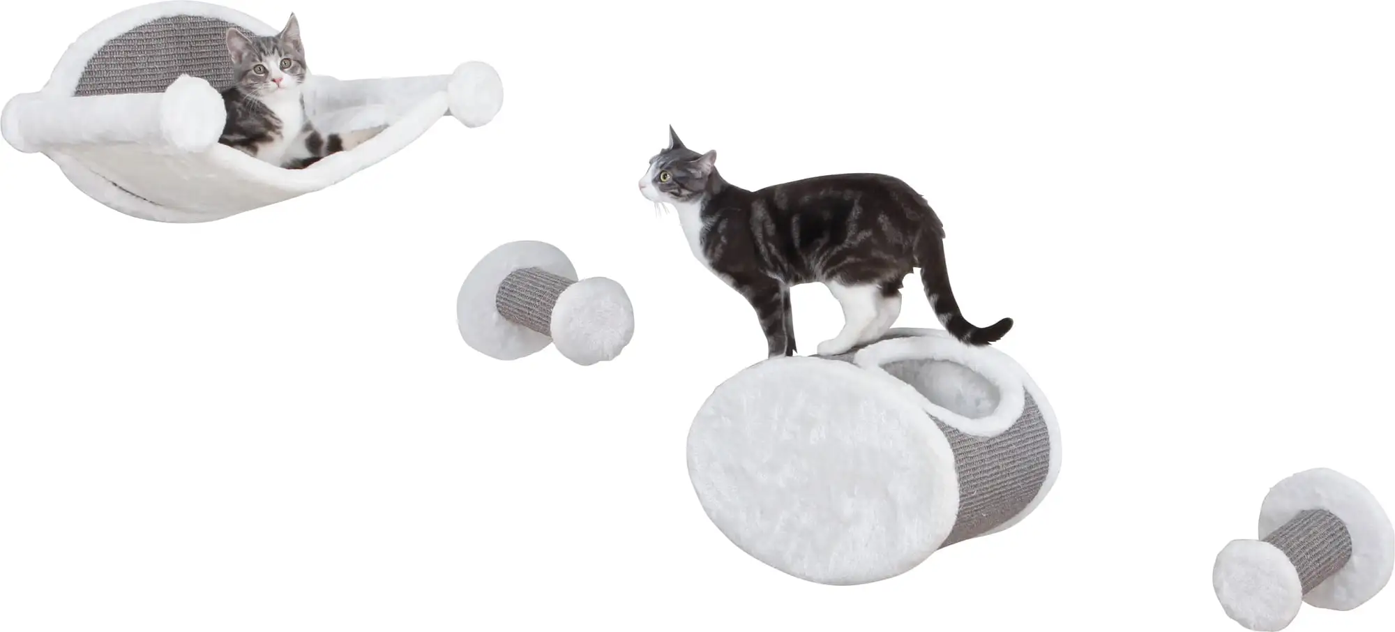 TRIXIE Plush & Sisal Cover Cat Perch with Steps Hammock & Condo. 4 Piece Set. Gray-White