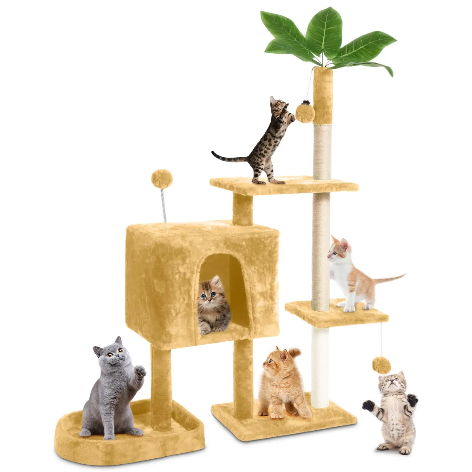 TSCOMON 52in Cat Tree with Toy. Cat Tower condo for Indoor Cats. Cat House with Padded Plush Perch. Cozy Hammock and Sisal Scratching Posts. Beige