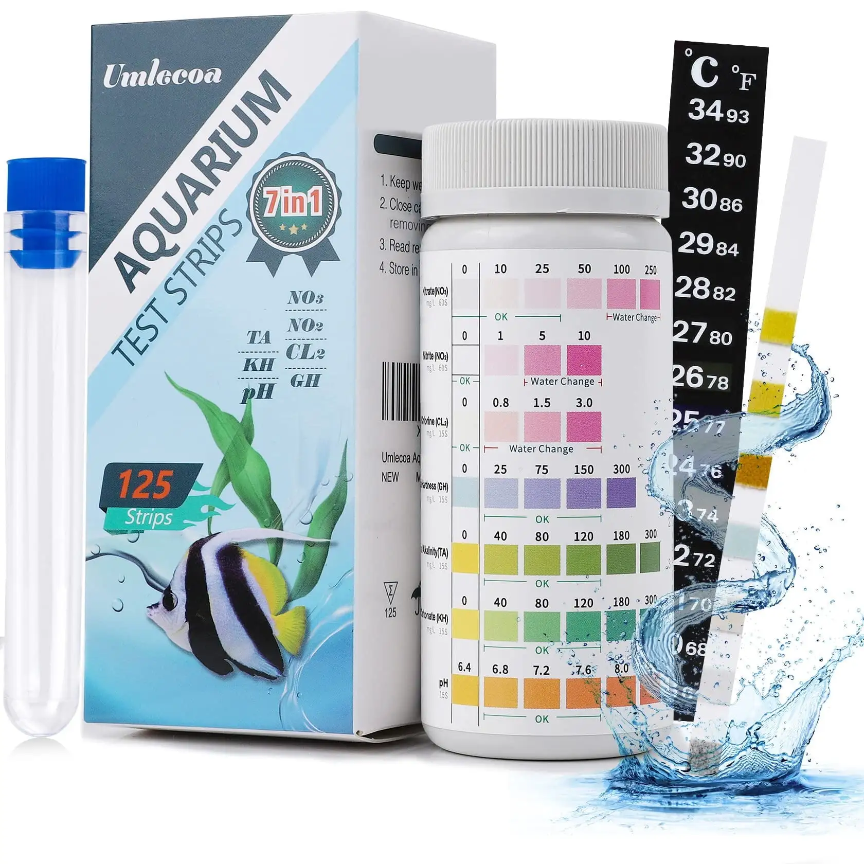 Tawatiler 7 in 1 Aquarium Test Kit for Freshwater and Saltwater.125 Aquarium Test Strips with Test Tube & Thermometer.Fast & Accurate Water Testing Strips for Aquarium/Pond/Pool