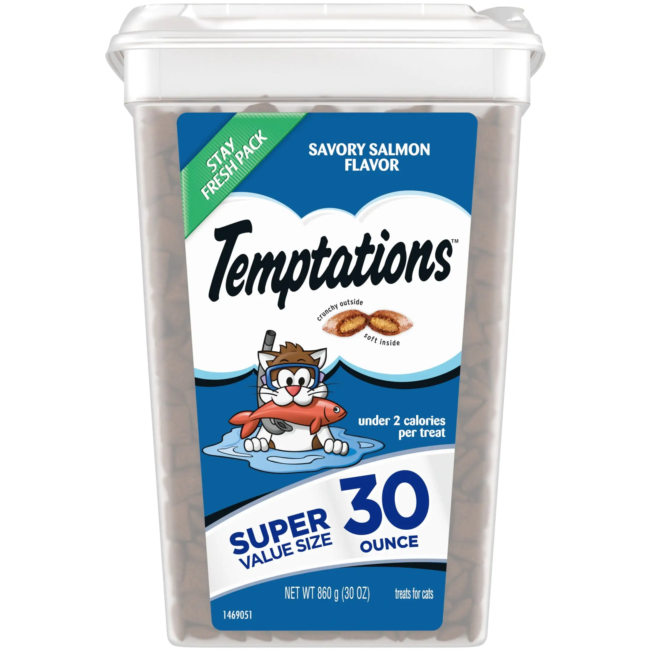 Temptations Classic Savory Salmon Flavor Crunchy And Soft Treats For Cats. 30 Oz Tub