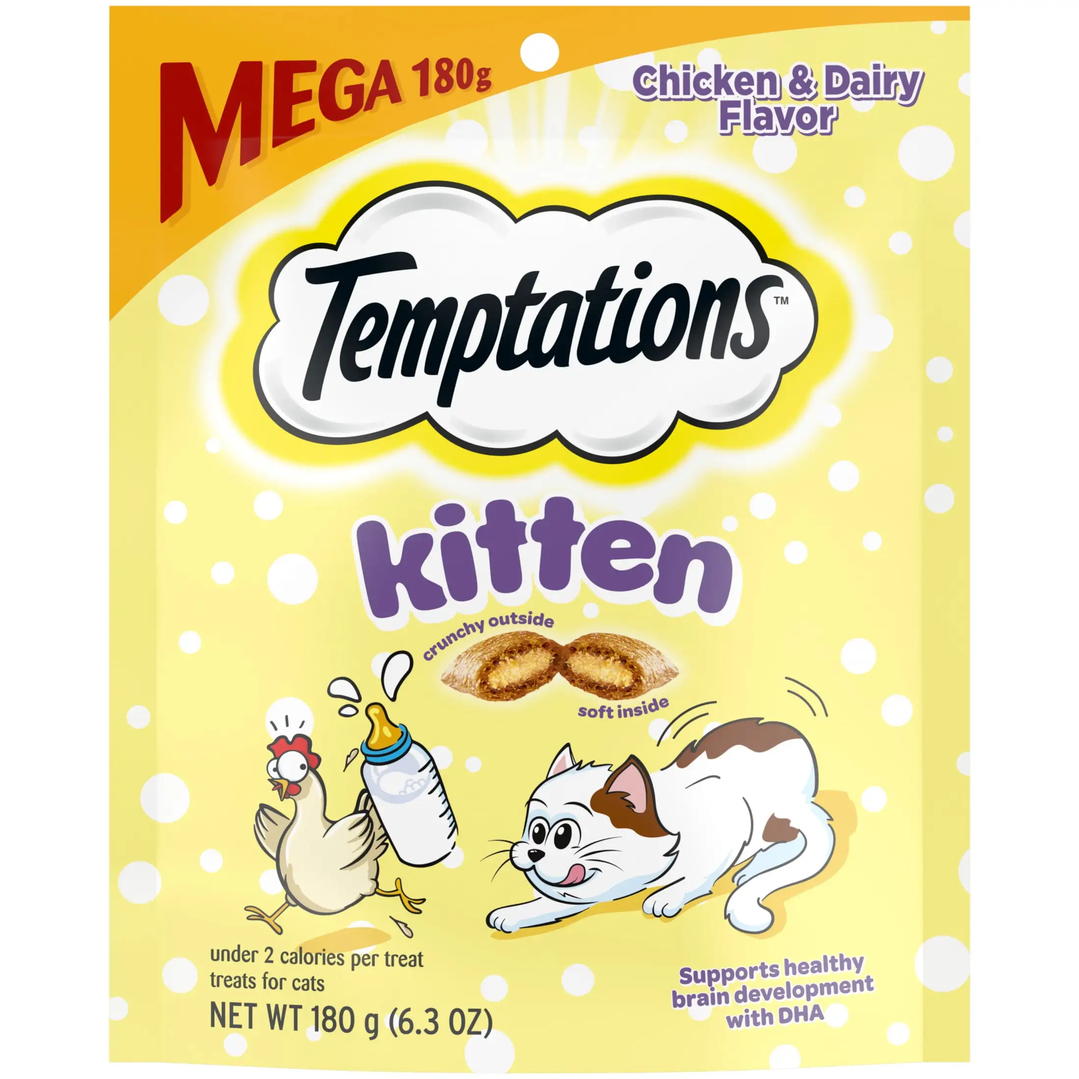 Temptations Kitten Chicken And Dairy Flavor Crunchy And Soft Treats For Kittens. 6.3 Oz Pouch