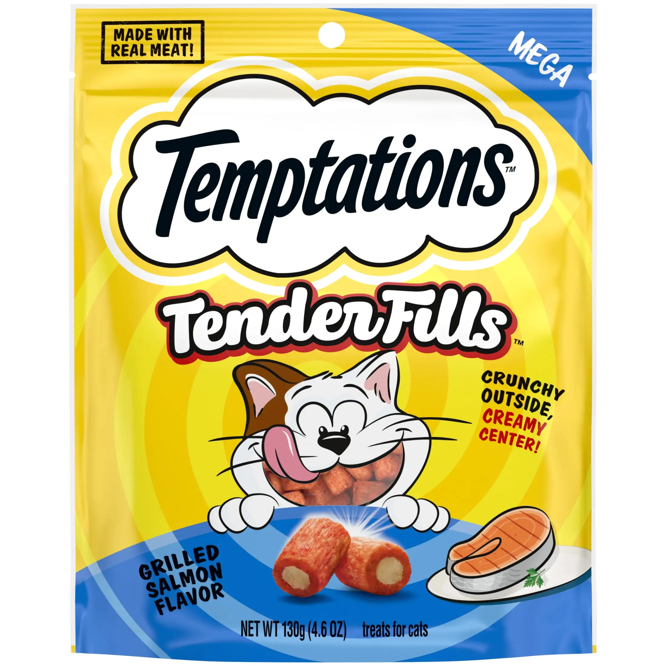 Temptations Tender Fills Grilled Salmon Flavor Crunchy And Soft Adult Treats For Cats. 4.6 Oz Pouch