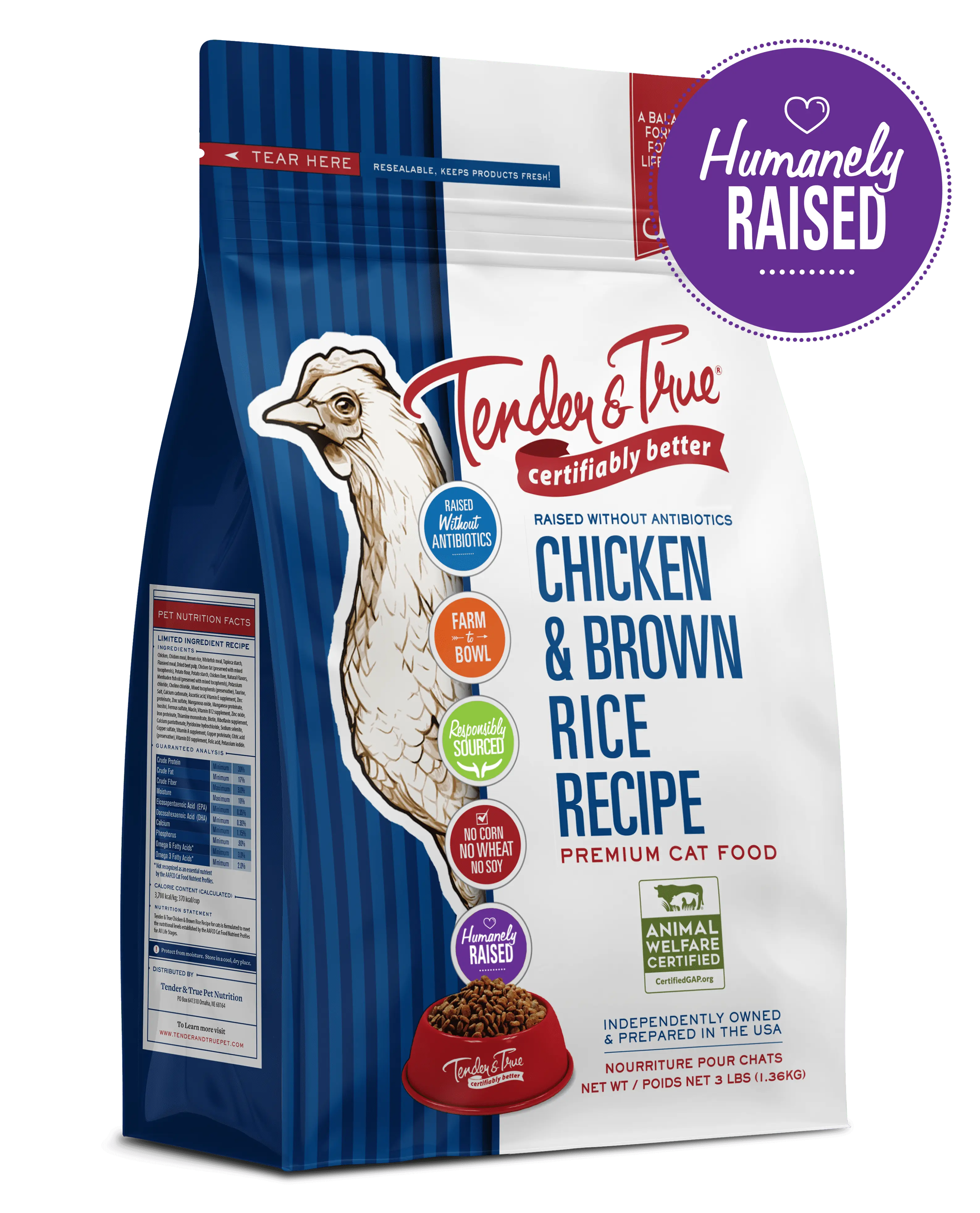 Tender & True Chicken & Brown Rice Flavor Dry Cat Food. 3 lb. Bag