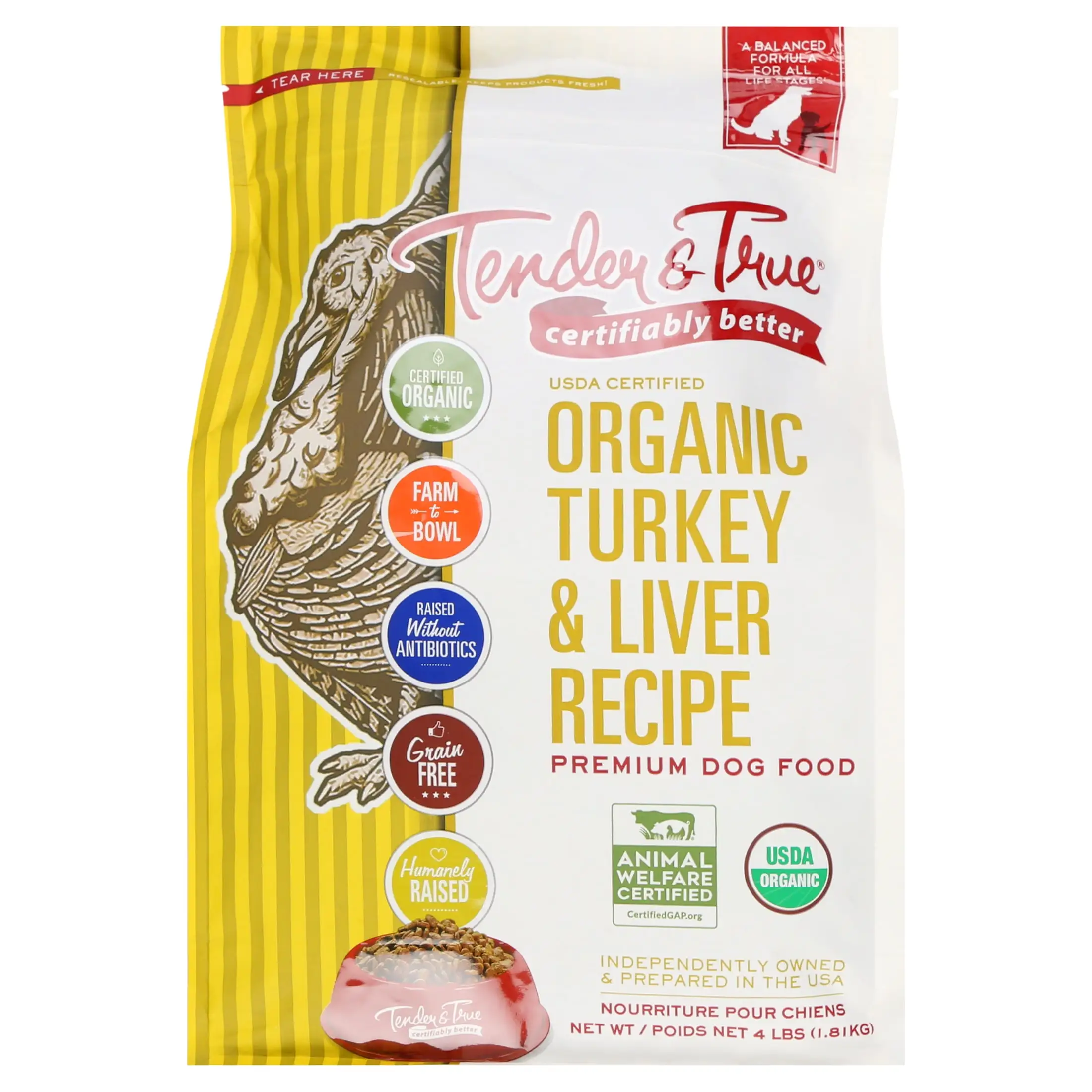 Tender & True Organic Turkey & Liver Recipe Dry Dog Food. 4 lb bag