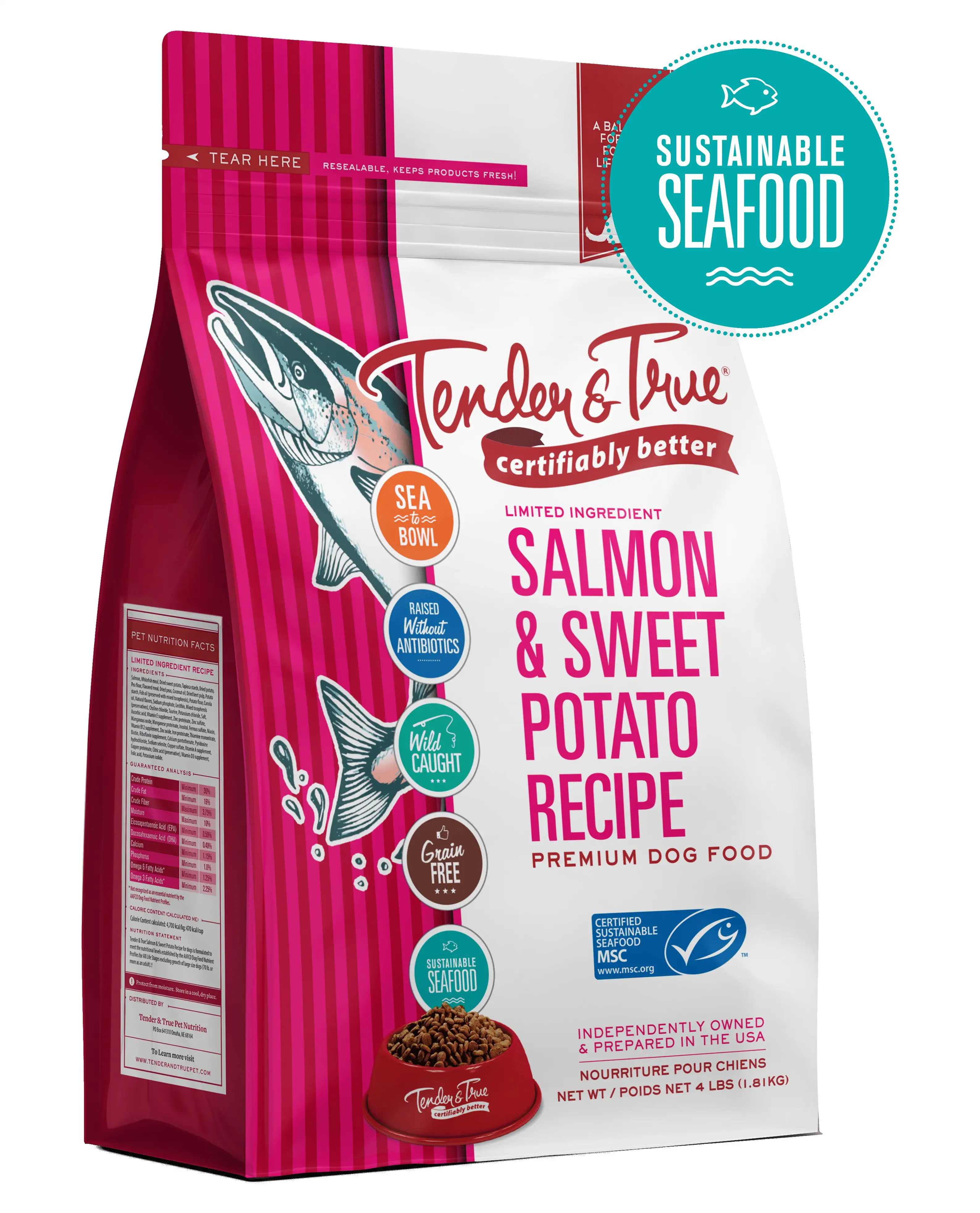 Tender & True Salmon & Sweet Potato Recipe Dry Dog Food. 4 lb bag