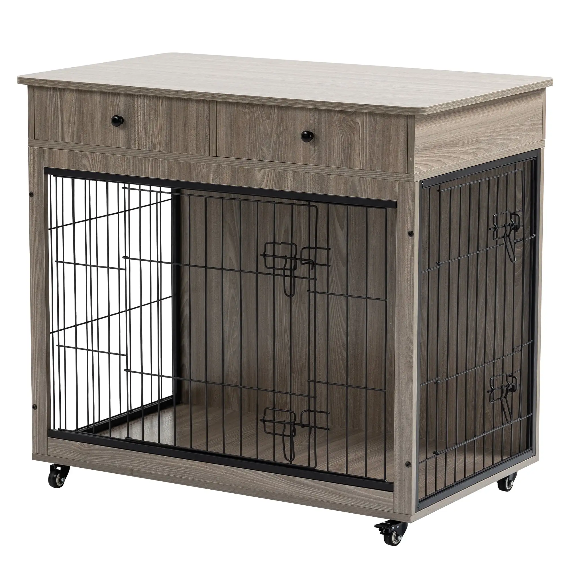 Thanaddo Furniture Style Dog Crate 30.1 Length Dog Crate with Wheels and 2 Drawers. Double Doors Wire Dog Kennel. Decorative Small Pet Crate Dog House Indoor Use Gray