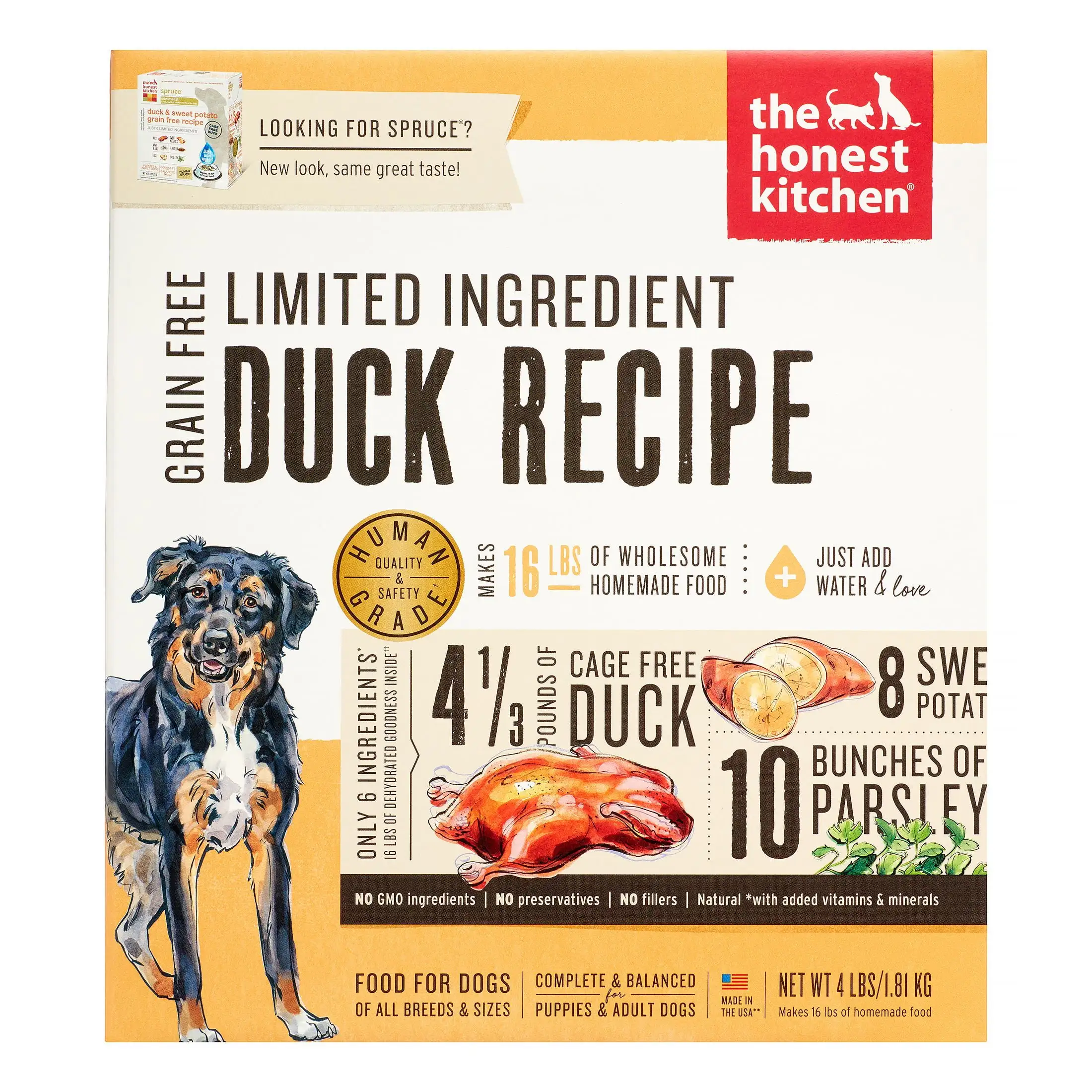 The Honest Kitchen Spruce: Dehydrated Minimalist Limited Ingredient Dog Food. Grain Free Duck & Sweet Potato. 4 lbs (Make 16 lbs)