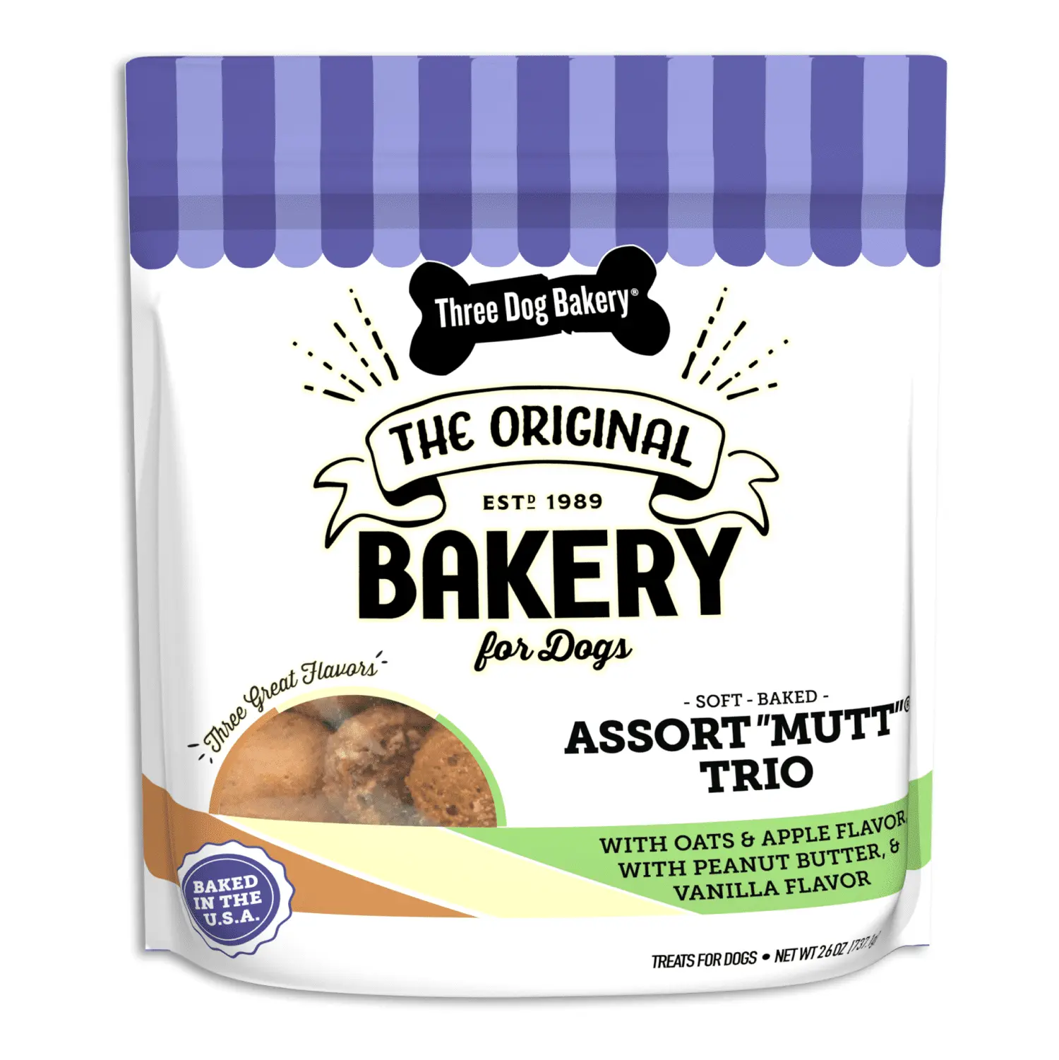 Three Dog Bakery Assortmutt: Peanut Butter. Vanilla. Oats & Apple Flavor Soft Treats for Dogs. 26 oz. Bag