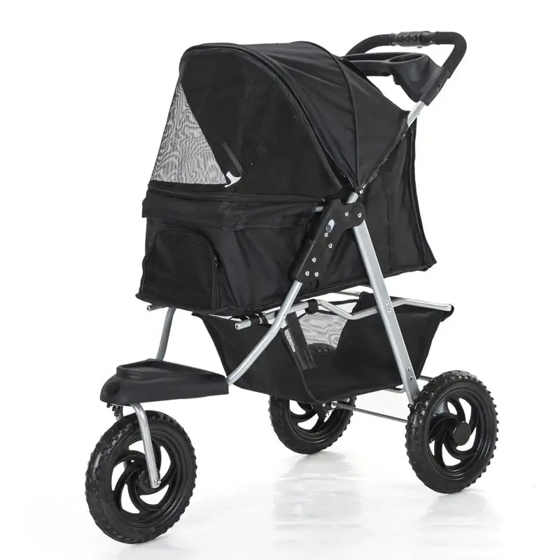 Three Wheel Folding Pet Stroller. Dog Jogger Travel Cats Carrier Adjustable Canopy Storage Brake Mesh Window - Black