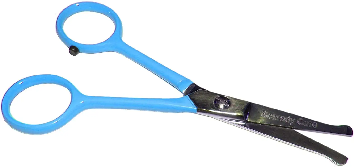 Tiny Trim 4.5 Ball-Tipped Scissor for Dog. Cat and all Pet Grooming - Ear. Nose. Face & Paw - Scaredy Cut's small Safety Scissor - Blue