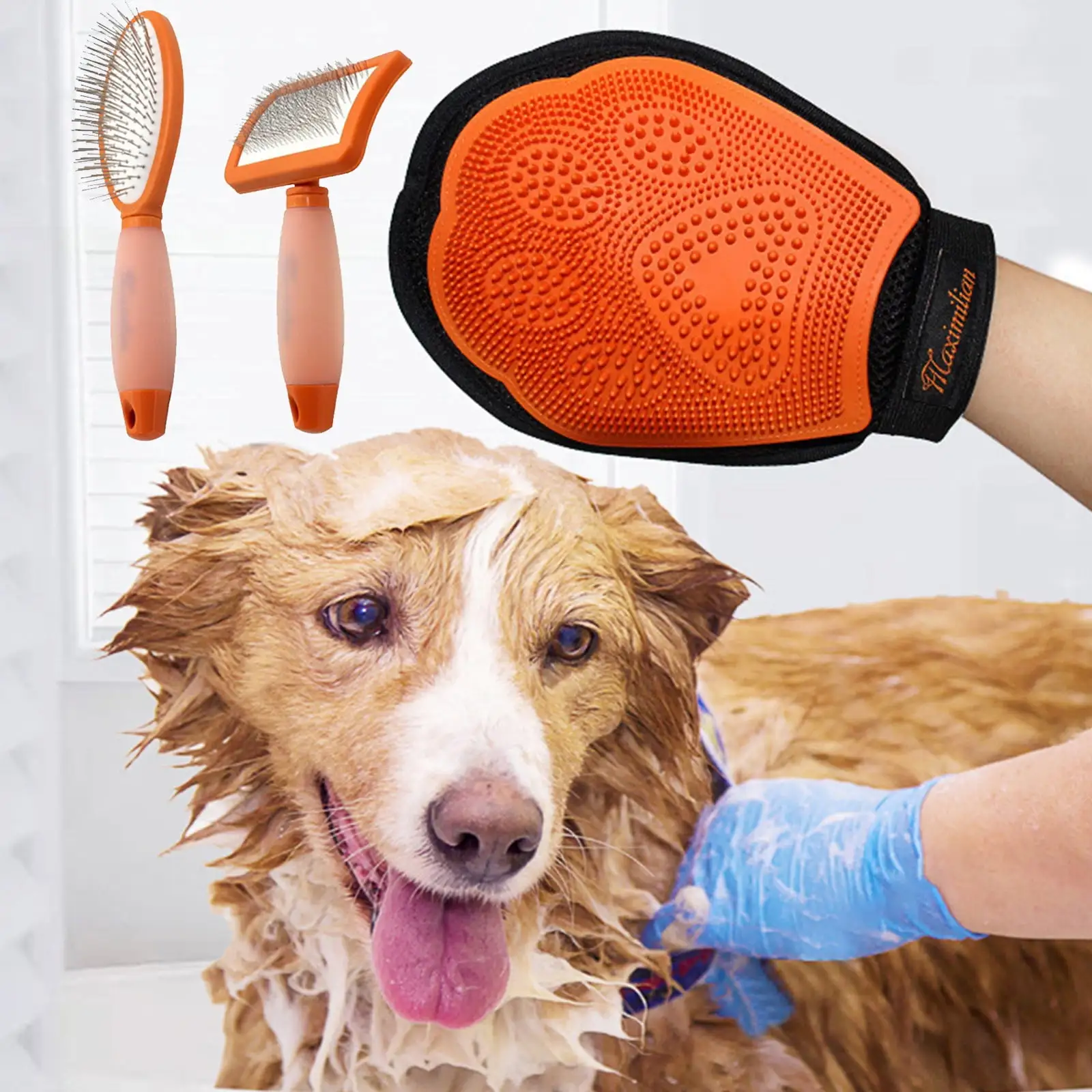 Toilet Brush Pet Shampoo & Bath Brush Soothing Massage Rubber Comb & Bath Gloves. for Long Short Haired Dogs Cats 3 Pcs Clearance Sale