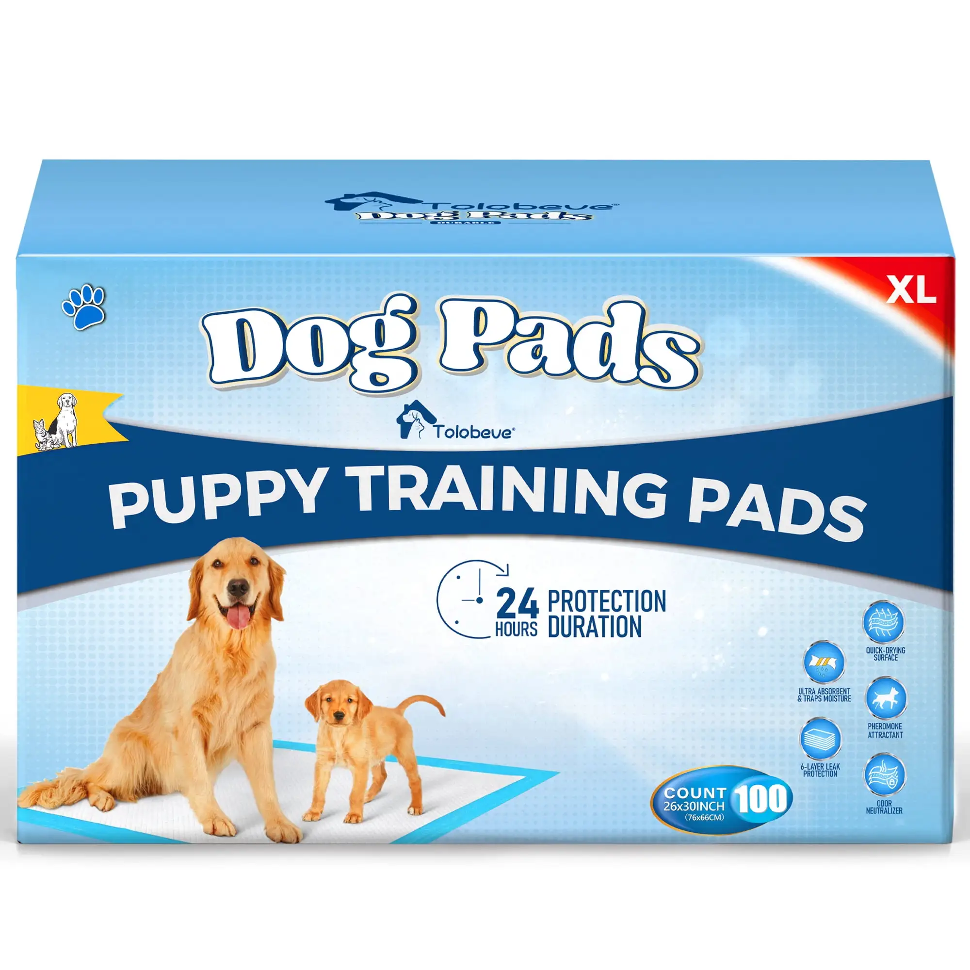 Tolobeve Dog Training Pads. XL. 26 in x 30 in. 100 Count Disposable Dog Pads. Puppy Pee Pads