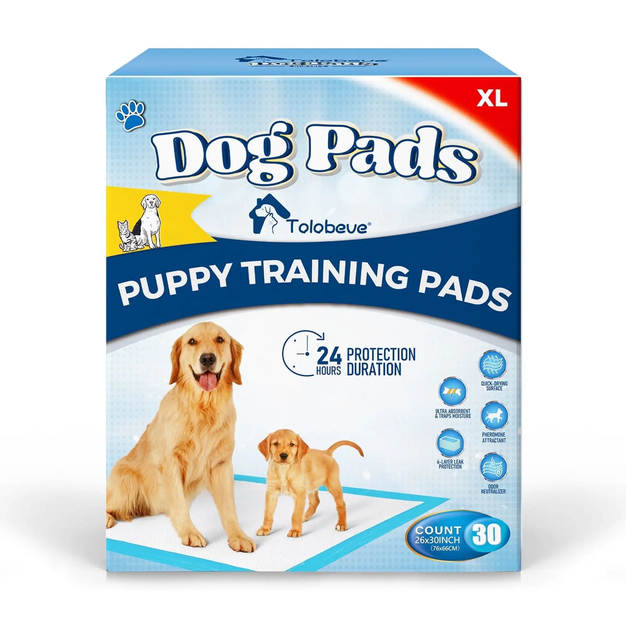 Tolobeve Dog Training Pads. XL. 26 in x 30 in. 30 Count Disposable Dog Pads. Puppy Pee Pads