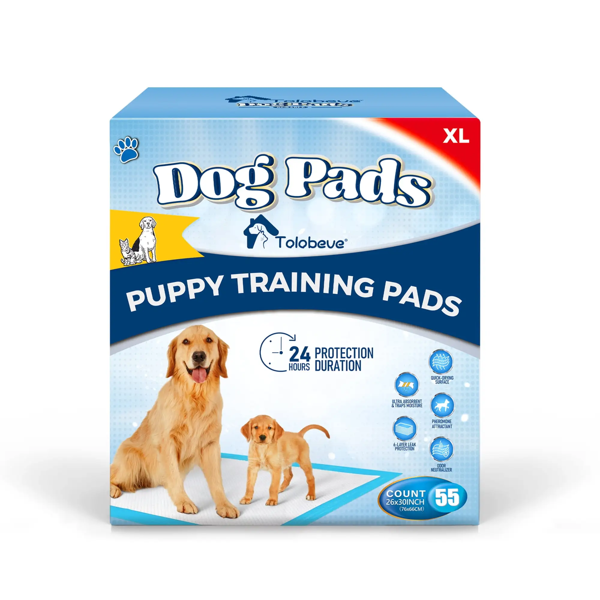 Tolobeve Dog Training Pads. XL. 26 in x 30 in. 55 Count Disposable Dog Pads. Puppy Pee Pads