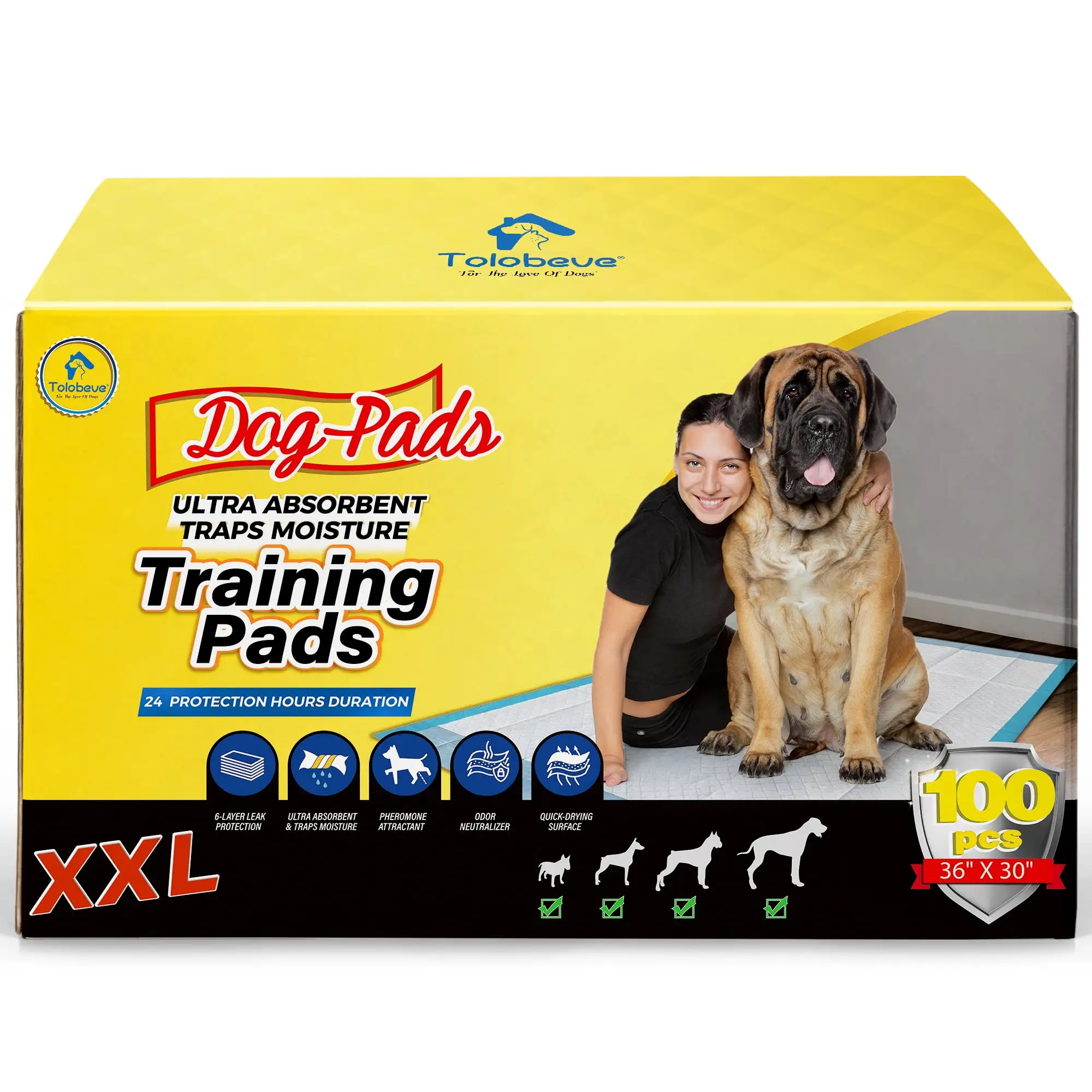 Tolobeve Dog Training Pads. XXL. 30 in x 36 in. 100 Count Disposable Dog Puppy Pee Pads