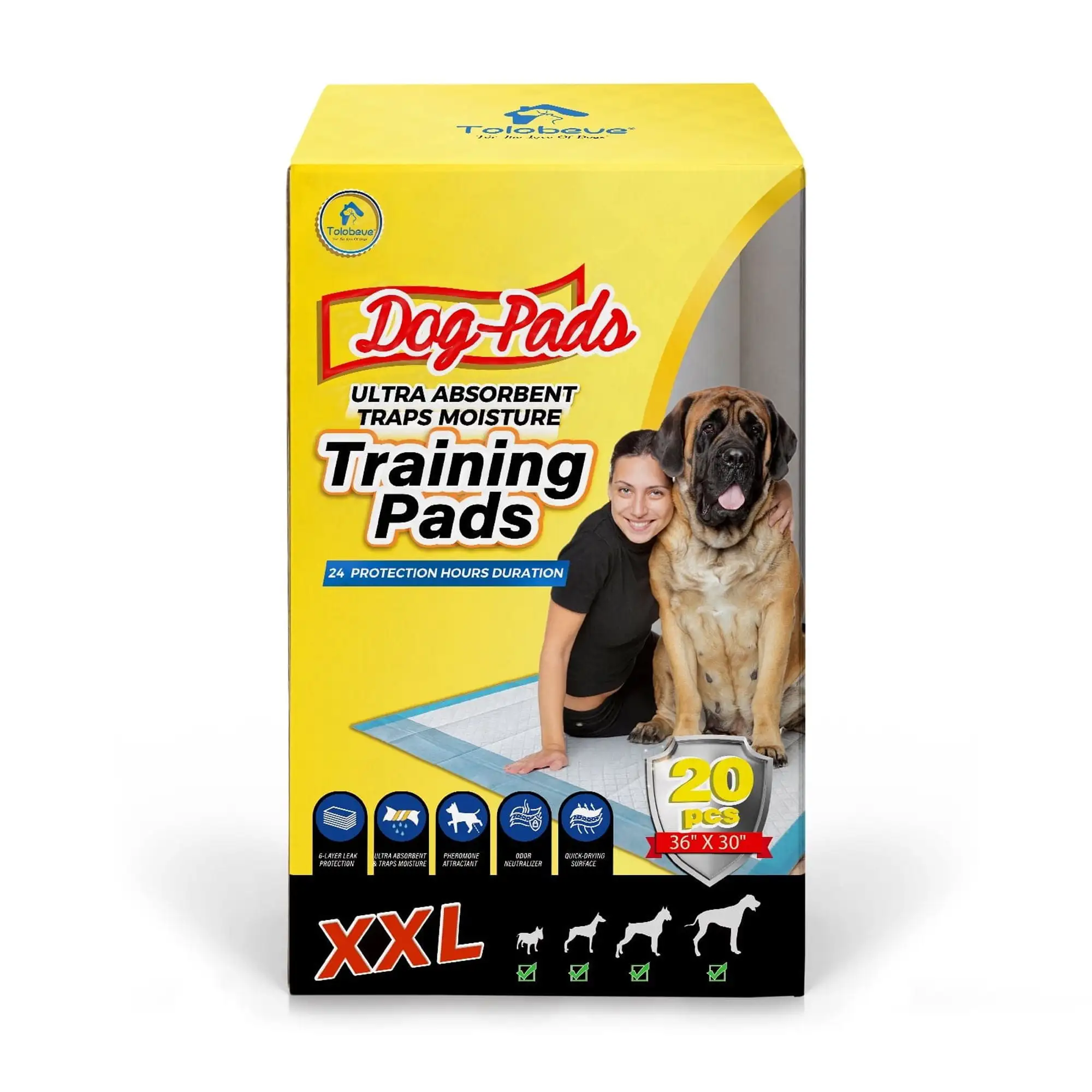 Tolobeve Dog Training Pads. XXL. 30 in x 36 in. 20 Count Disposable Dog Puppy Pee Pads