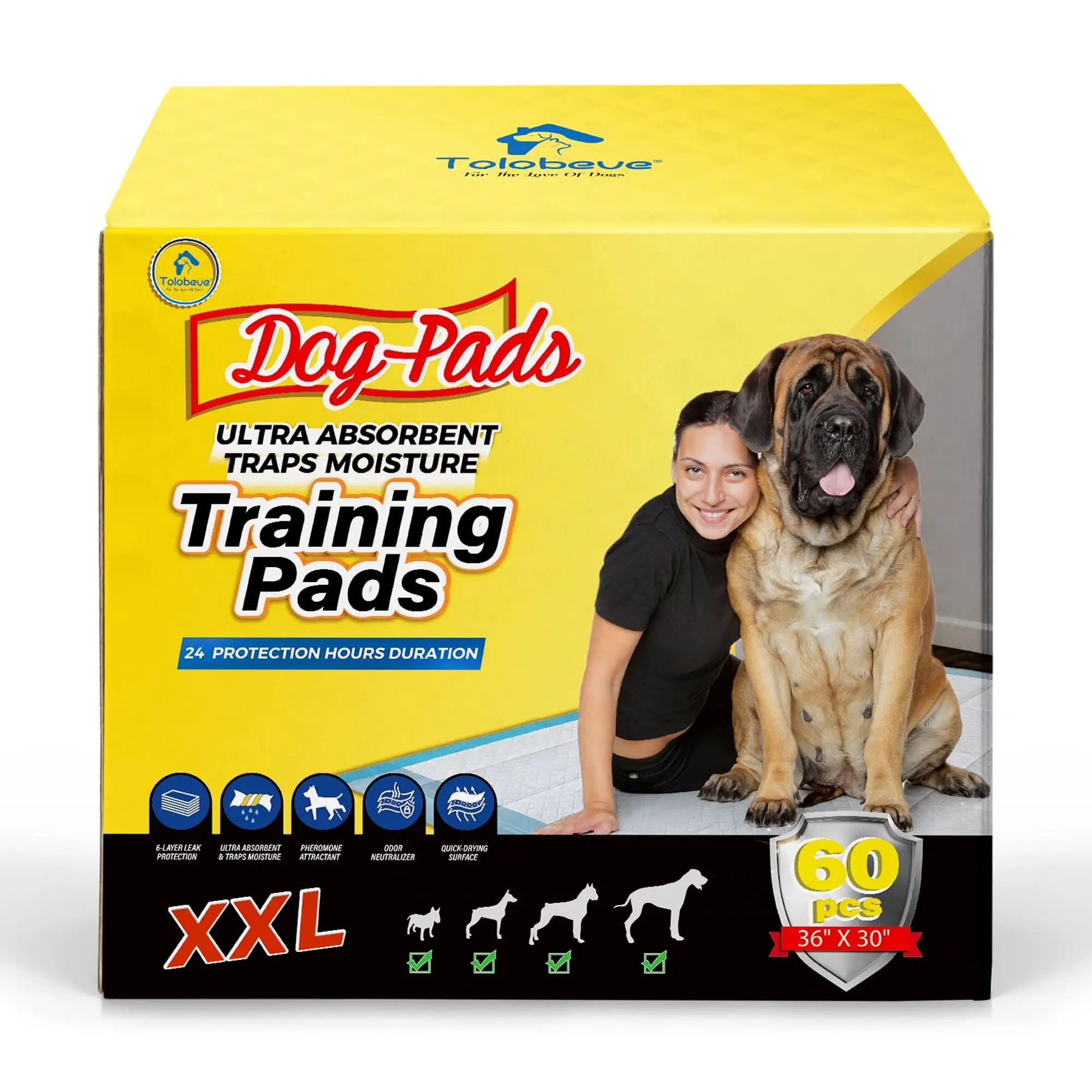 Tolobeve Dog Training Pads. XXL. 30 in x 36 in. 60 Count Disposable Dog Puppy Pee Pads