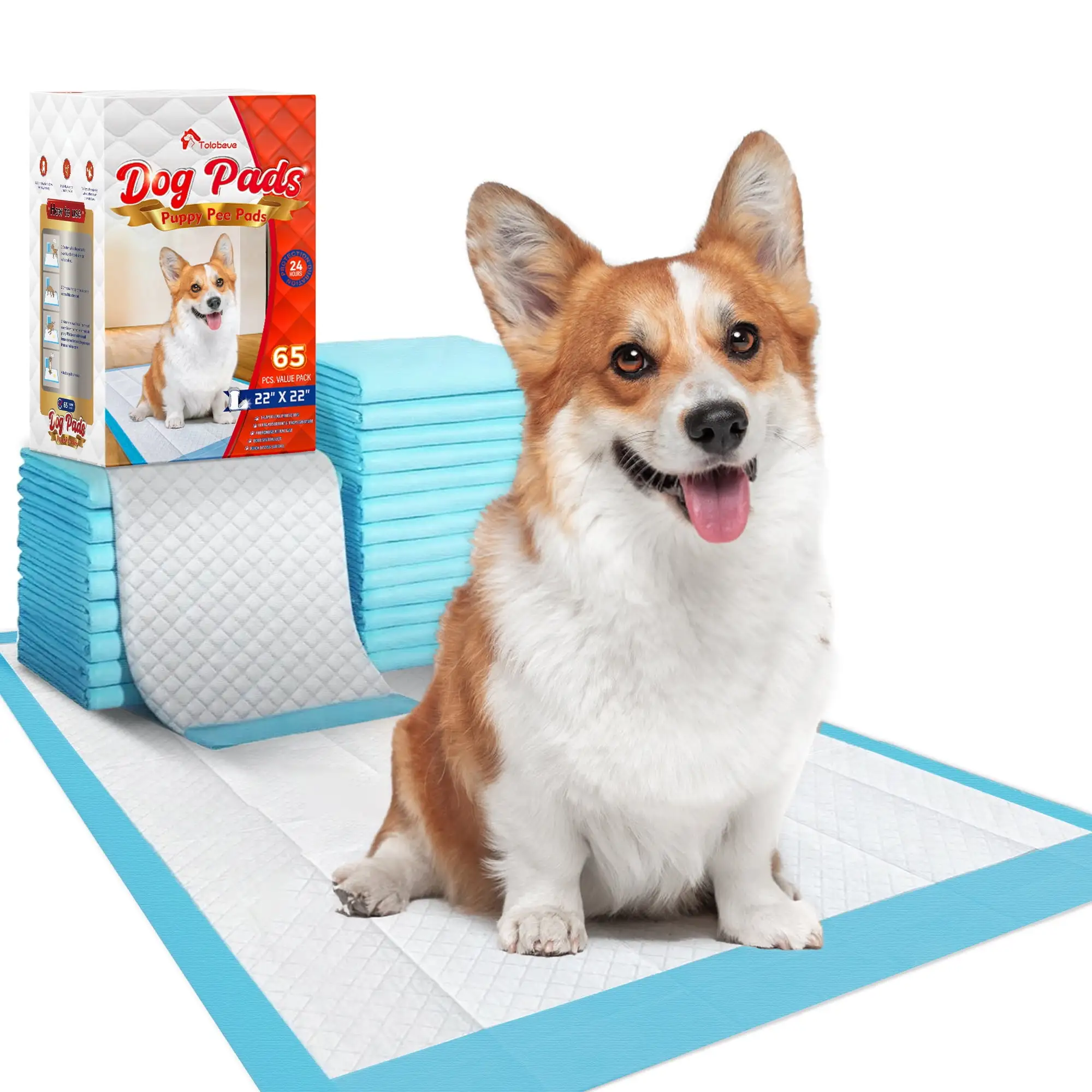 Tolobeve Puppy Pads Training Pads. Large. 22 in x 22 in. 65 Count Disposable Dog Pee Pet Pads