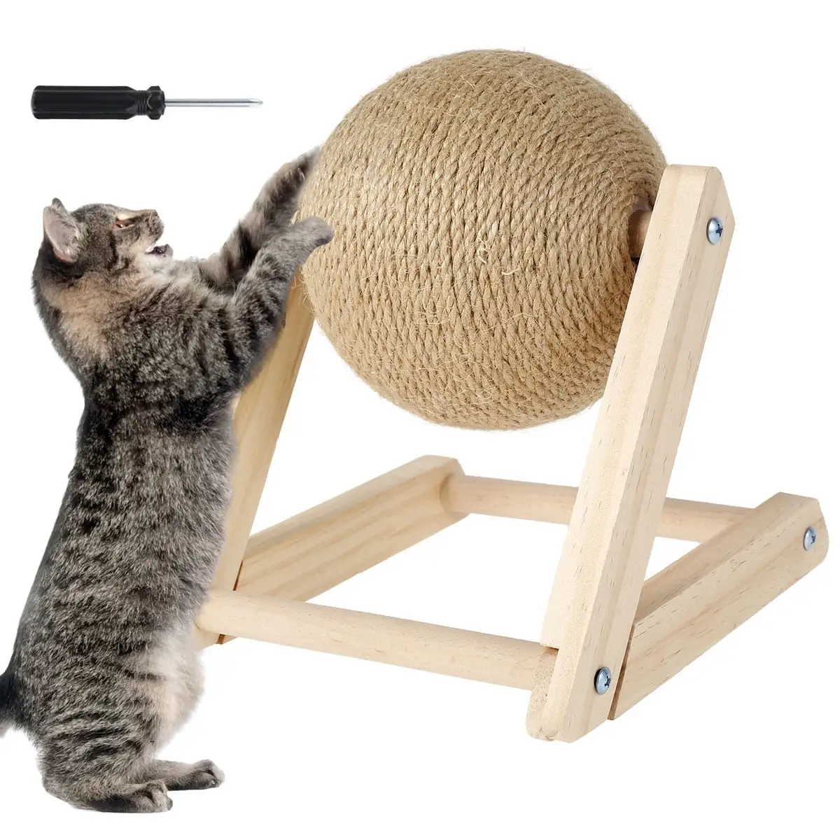 Toorise Cat Scratching Ball Natural Sisal Cat Scratcher Toy with Catnip Interactive Solid Wood Scratcher Ball 7x7x6.3 Inch Cat Scratch Post with Rotatable Ball for Indoor Cats and Kitten