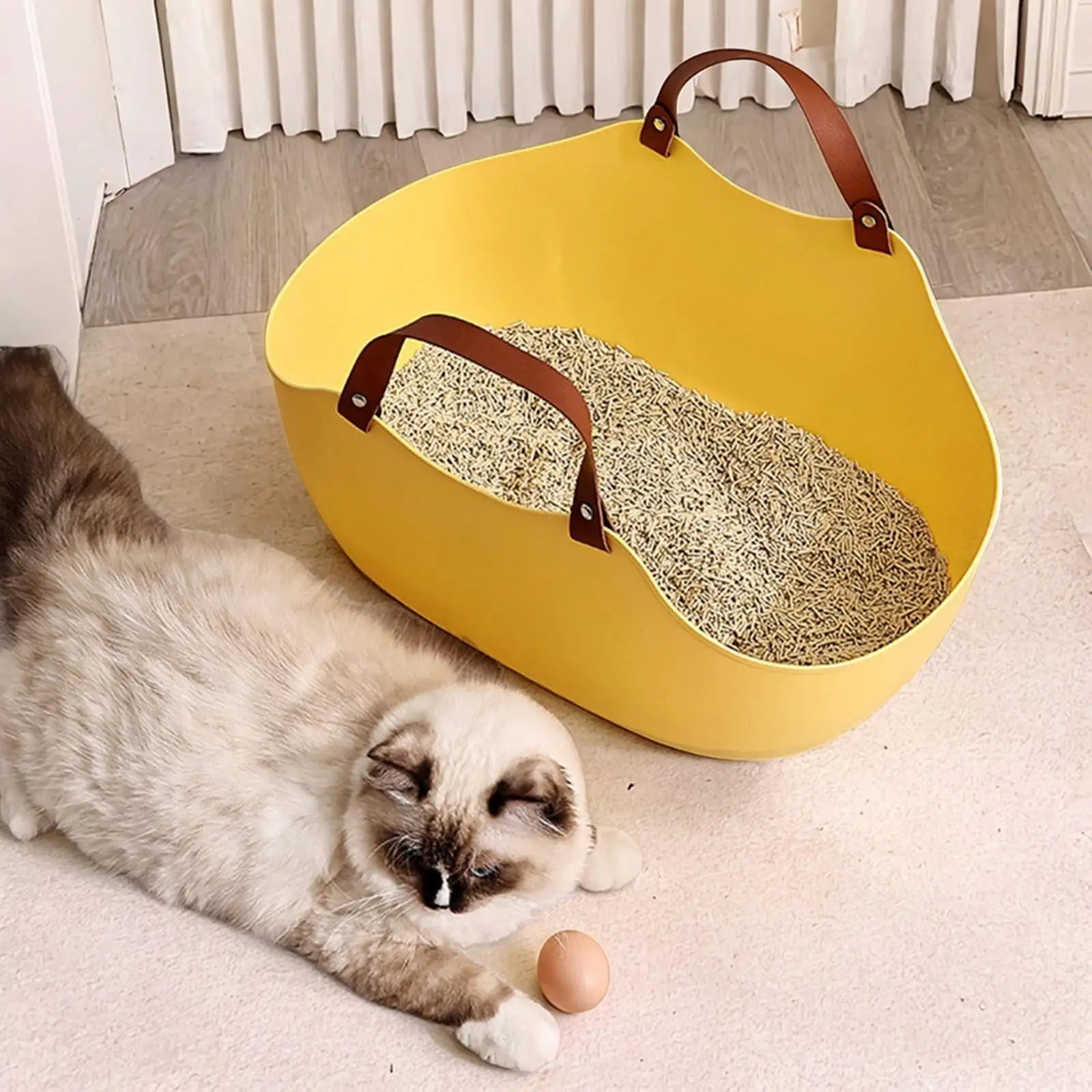 Tooyful Cat Open Top Pet Litter Tray Semi Enclosed Cat Litter Basin Cat Sandbox with Handles Cat Litter Container Toilet for Indoor Cats yellow